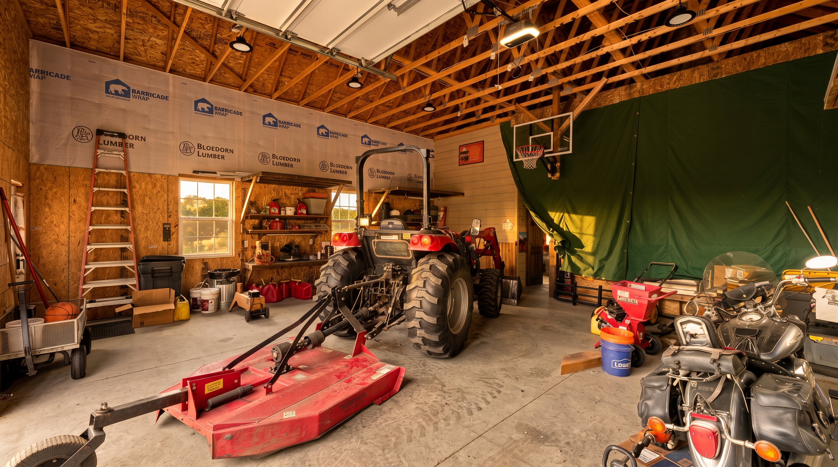 This spacious, high-ceilinged garage features exposed wooden rafters and walls partially finished with protective wrap, creating a functional workshop atmosphere. The space is well-equipped for storage and maintenance, housing a large red tractor with an attached brush mower, a motorcycle, and various tools. A basketball hoop is mounted on the wall, and the concrete floor provides a durable surface for heavy equipment.
