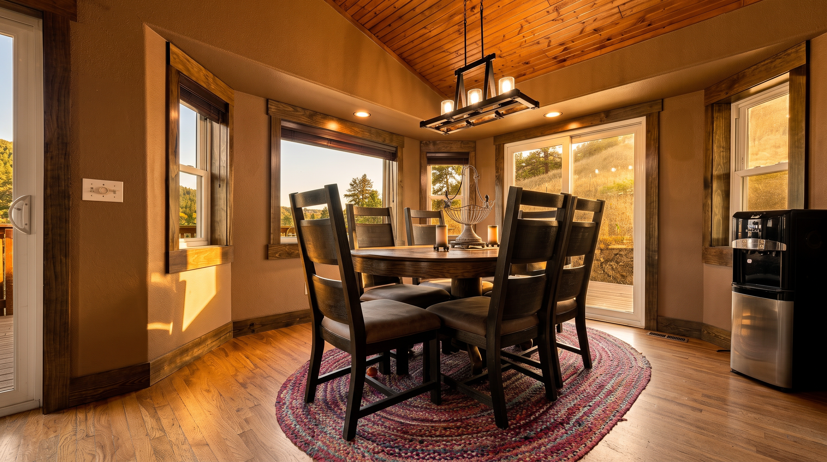 This dining room features a rustic aesthetic with a warm wood-paneled vaulted ceiling and light-toned hardwood flooring. A round wooden table is centered on a vibrant, multi-colored braided rug, surrounded by dark-toned chairs, all illuminated by a modern rectangular chandelier. Large windows and glass sliding doors provide ample natural light and views of the surrounding landscape, creating an inviting and open atmosphere.