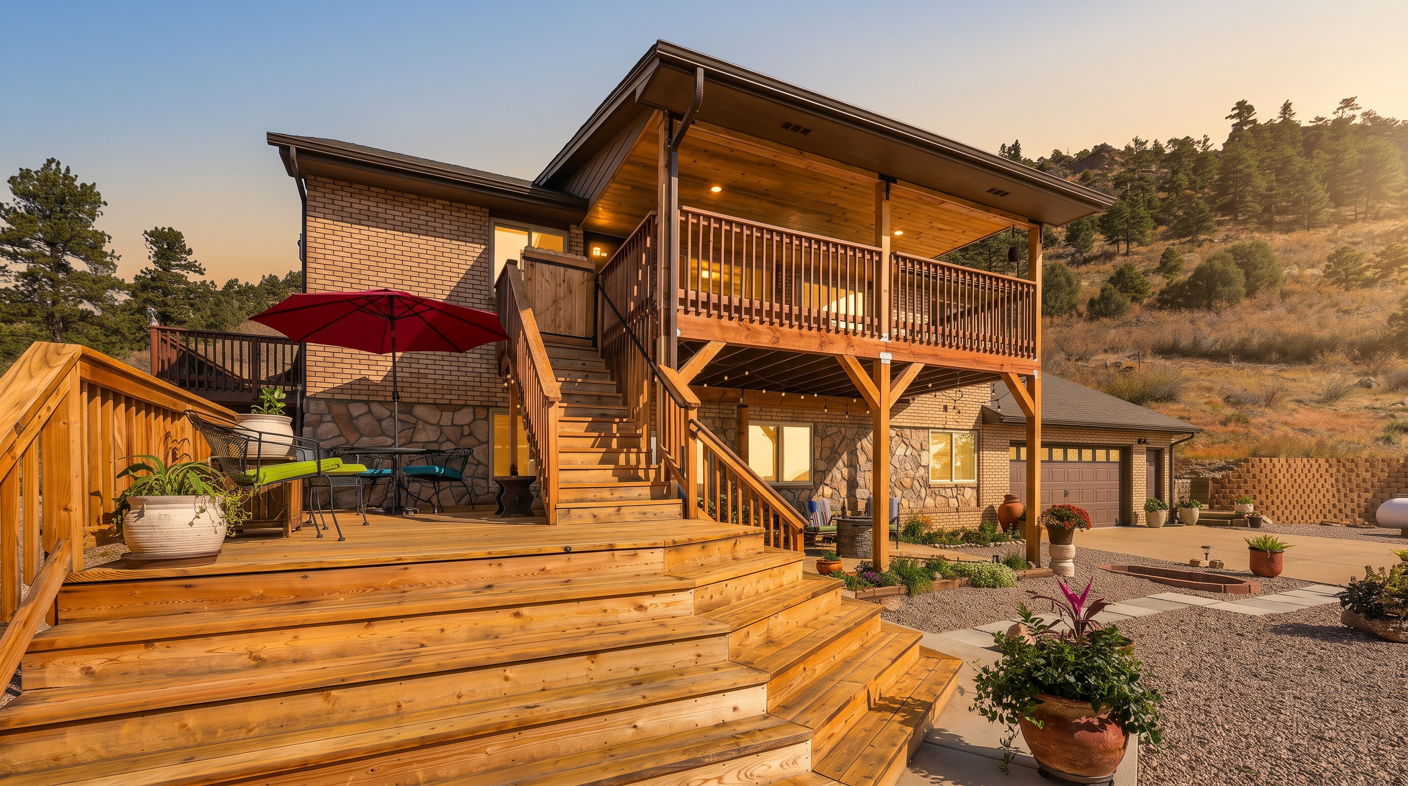 This rear view of a multi-level home showcases a prominent wooden deck with wide, tiered stairs leading up to a covered balcony. The house features a combination of brick and stone siding, with a garage visible on the right side and a red umbrella providing shade on the lower deck area. The property is set against a natural, hilly landscape with mature trees, creating a rustic and inviting outdoor living space.