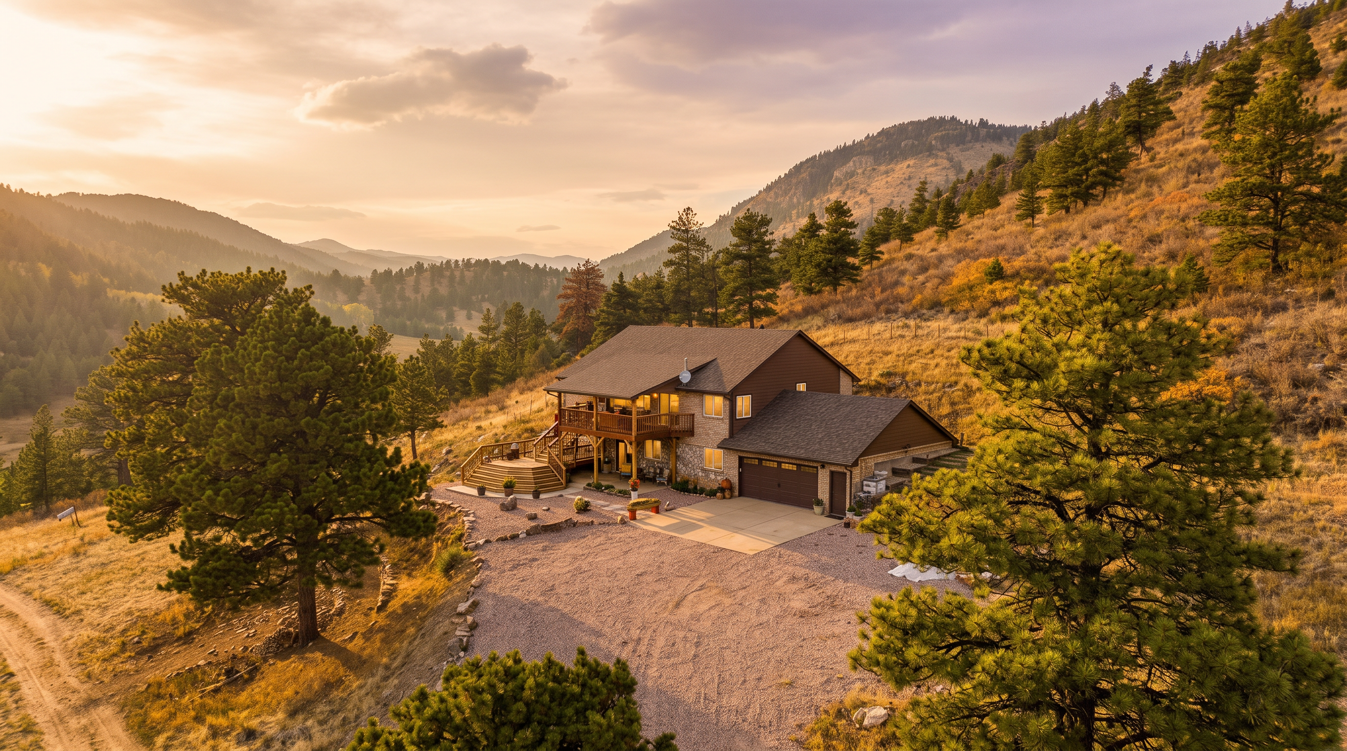 This aerial perspective captures a multi-level mountain home nestled into a hillside, surrounded by a vast landscape of pine trees and dry, grassy terrain. The house features a combination of brown siding and stone accents, a multi-car garage, and a prominent wooden deck that extends from the main living level. The property is accessed by a long gravel driveway, emphasizing its secluded and scenic location.