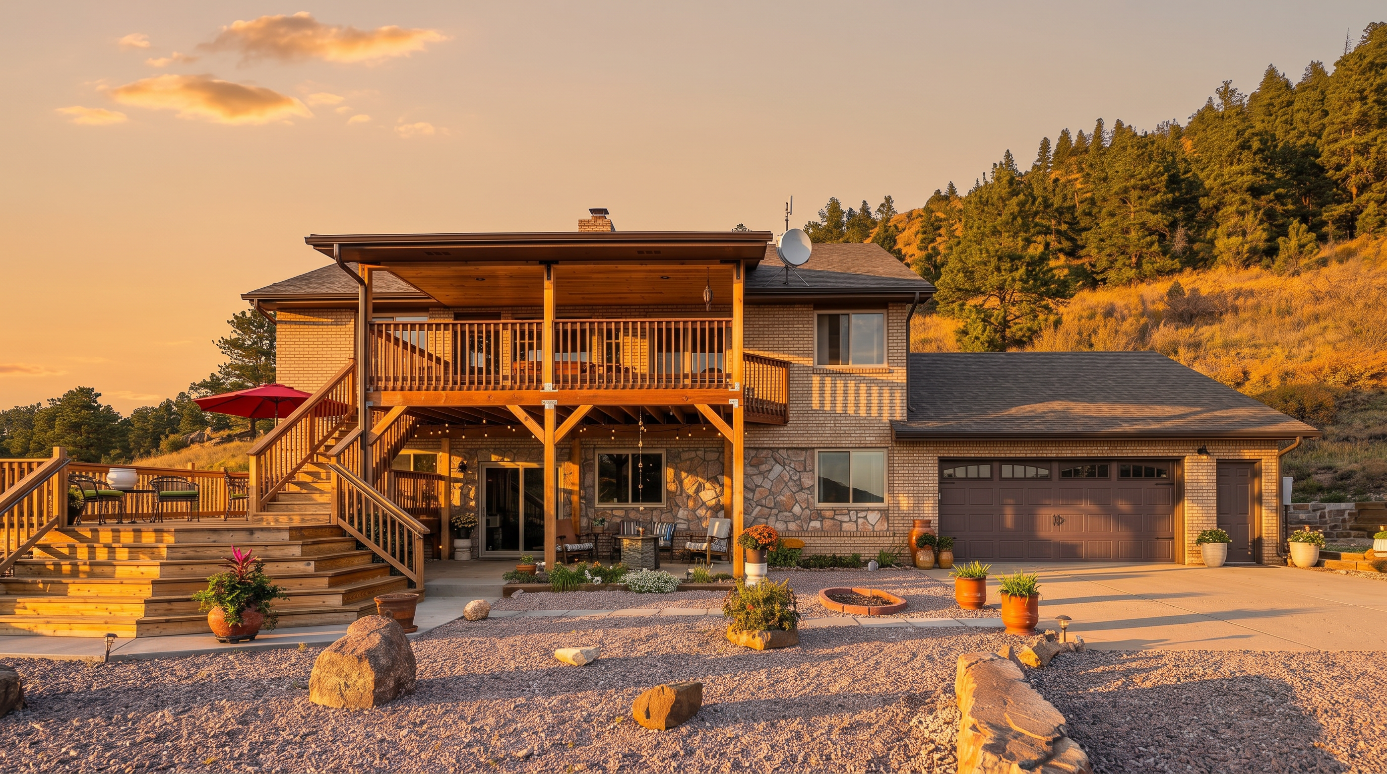 This rear exterior view showcases a multi-level home featuring a combination of brick and stone masonry. A prominent wooden deck with stairs provides access to a lower patio area, while a large attached garage sits to the right. The property is set against a natural, hilly landscape with a gravel-covered yard in the foreground.