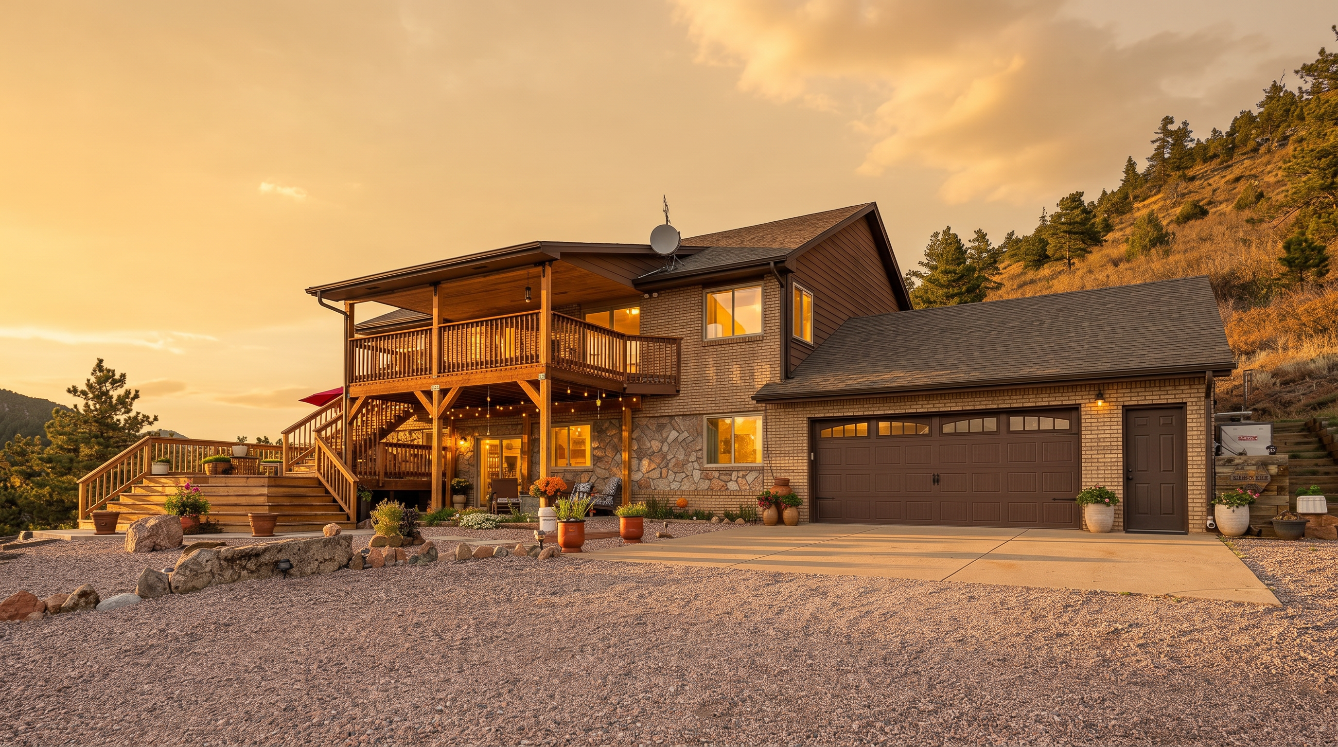 This two-story home features a blend of brick and stone siding, complemented by a large wooden deck and balcony area. The property includes an attached garage and is situated on a gravel driveway, set against a backdrop of a hillside with trees. The overall aesthetic is rustic and mountain-inspired, offering a spacious outdoor living area.