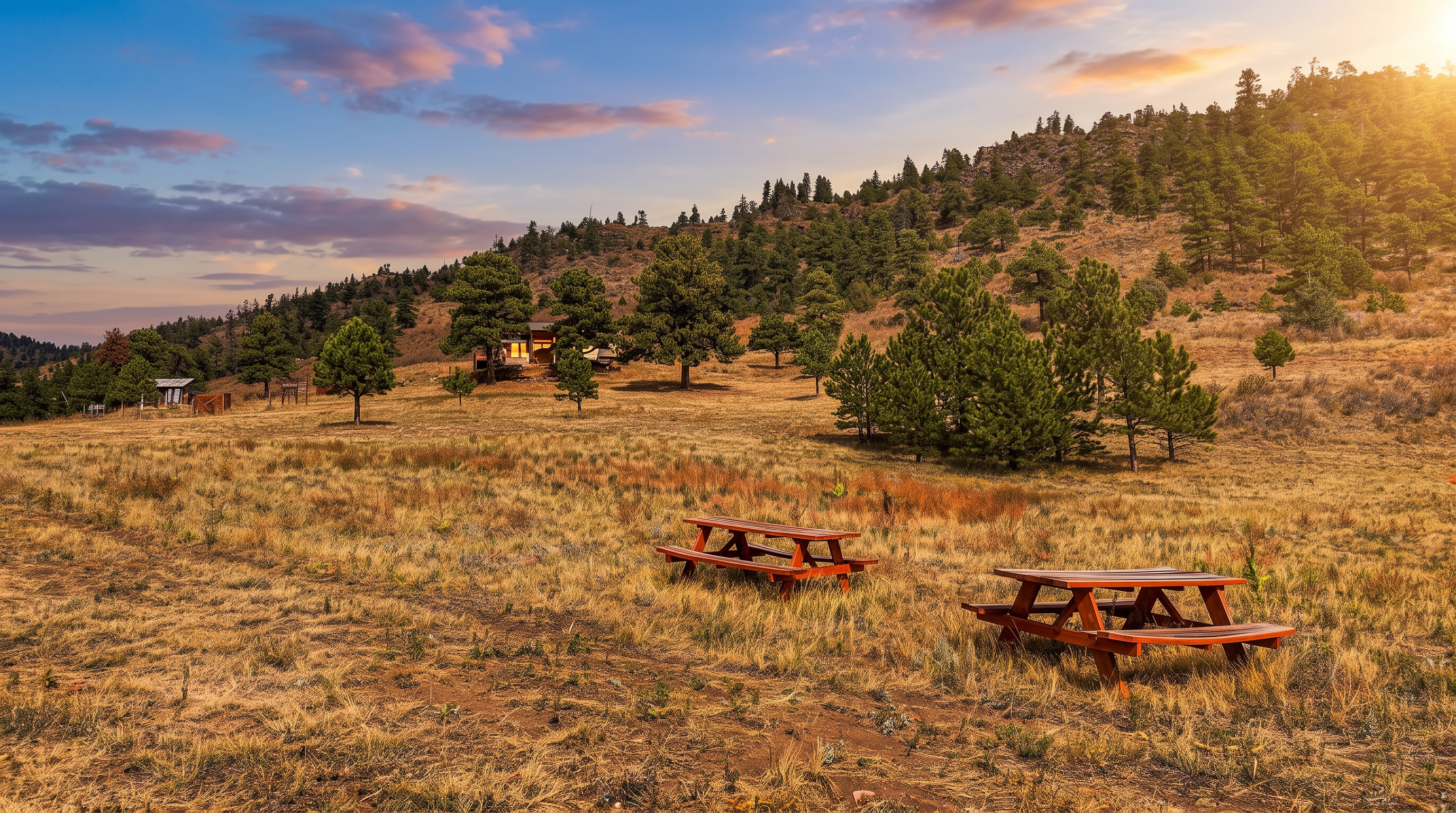 This expansive, sun-drenched landscape features a wide, grassy meadow dotted with mature pine trees and two wooden picnic tables in the foreground. In the distance, a rustic cabin is nestled against a rolling, tree-covered hillside under a clear blue sky. The scene captures a serene, rural atmosphere, highlighting the vast outdoor space and natural beauty of the property.