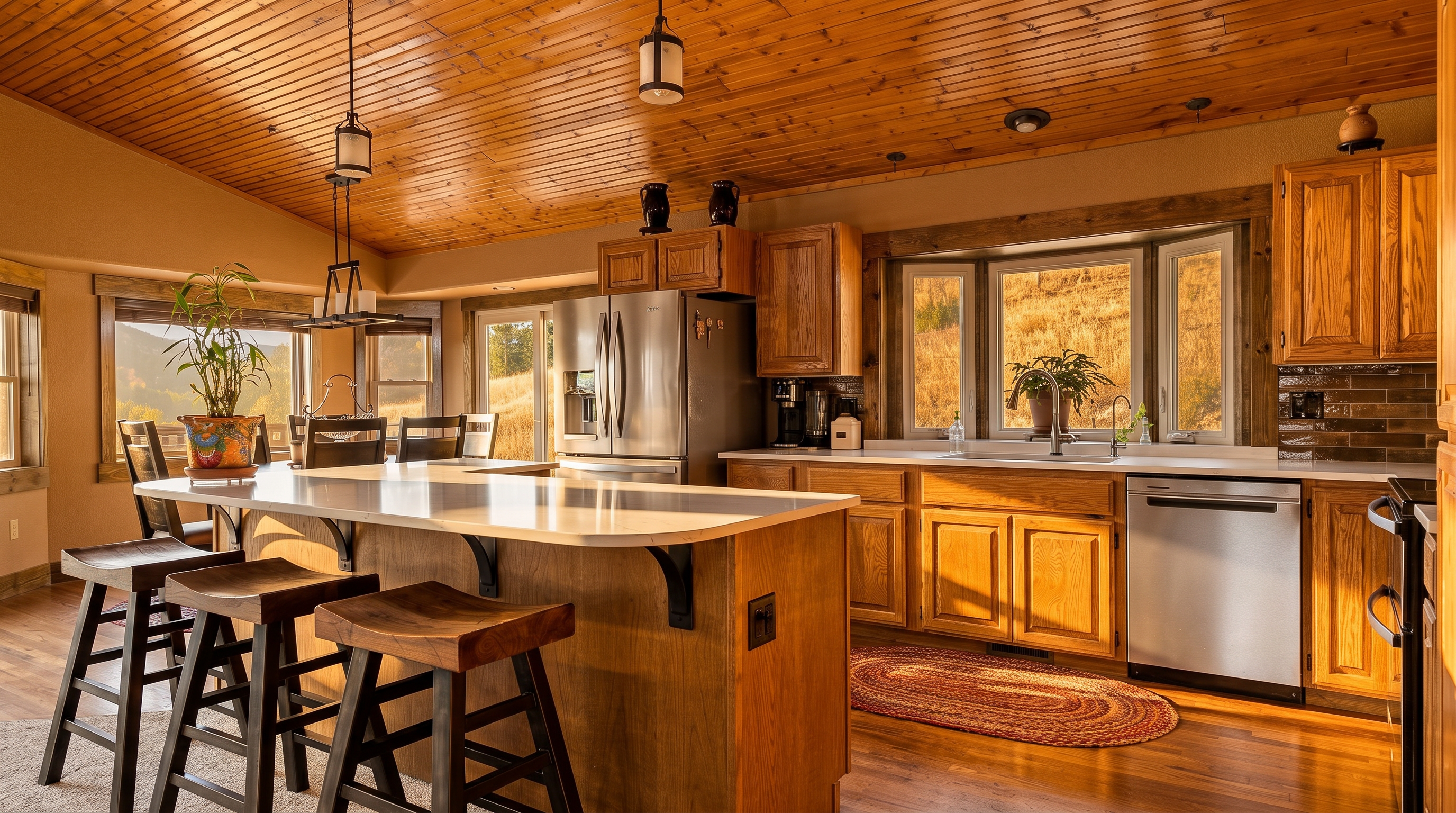 This rustic-style kitchen features warm wood-paneled ceilings and cabinetry, complemented by a large central island with a light-colored countertop and bar seating. A stainless steel refrigerator and dishwasher are integrated into the layout, while a bay window above the sink provides natural light and views of the outdoors. The space is anchored by a wooden floor and a decorative rug, creating a cozy and functional atmosphere.