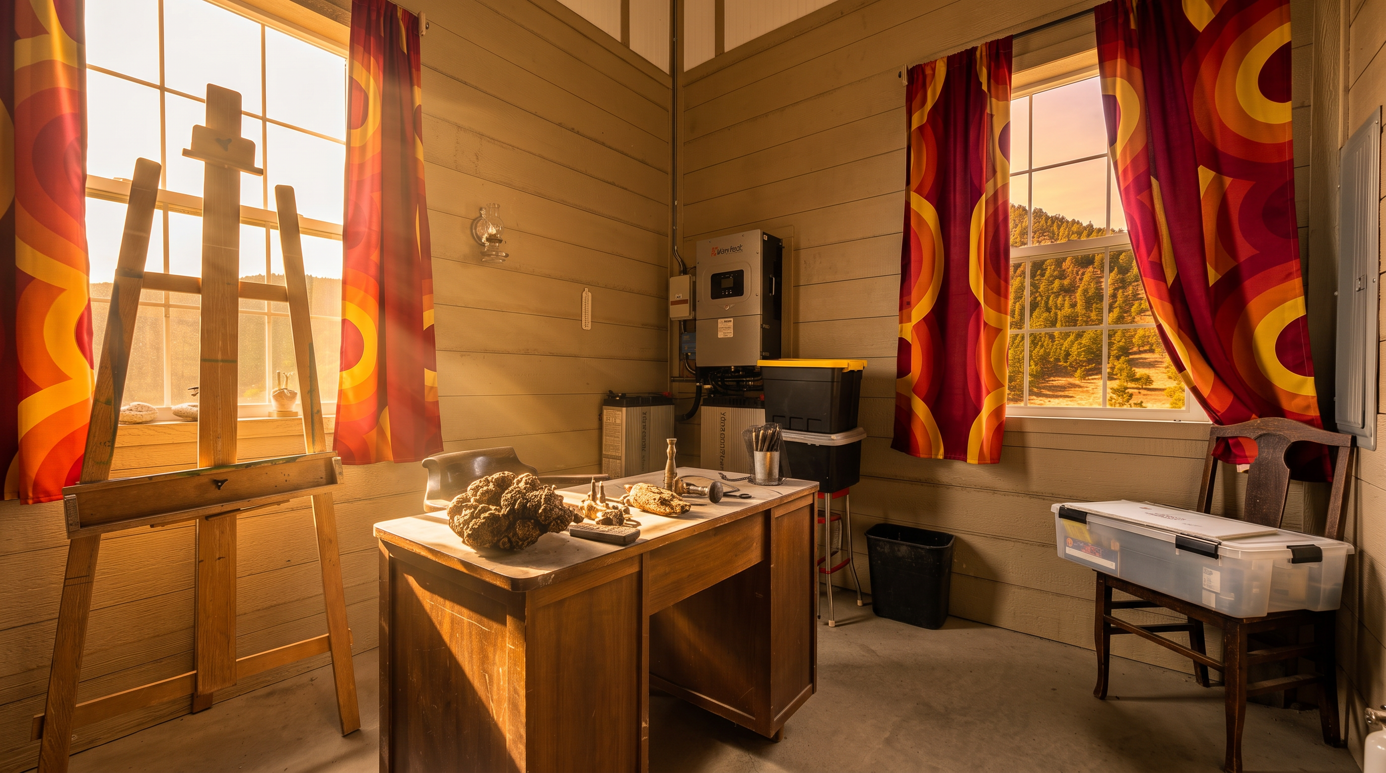 This rustic workspace features wood-paneled walls and a central wooden desk topped with various objects, including a large rock specimen. An artist's easel stands near a window on the left, while a chair with a storage bin sits on the right, all framed by vibrant, retro-patterned curtains. The room also houses a solar power inverter system mounted on the wall, suggesting a functional, off-grid, or utility-focused studio space.