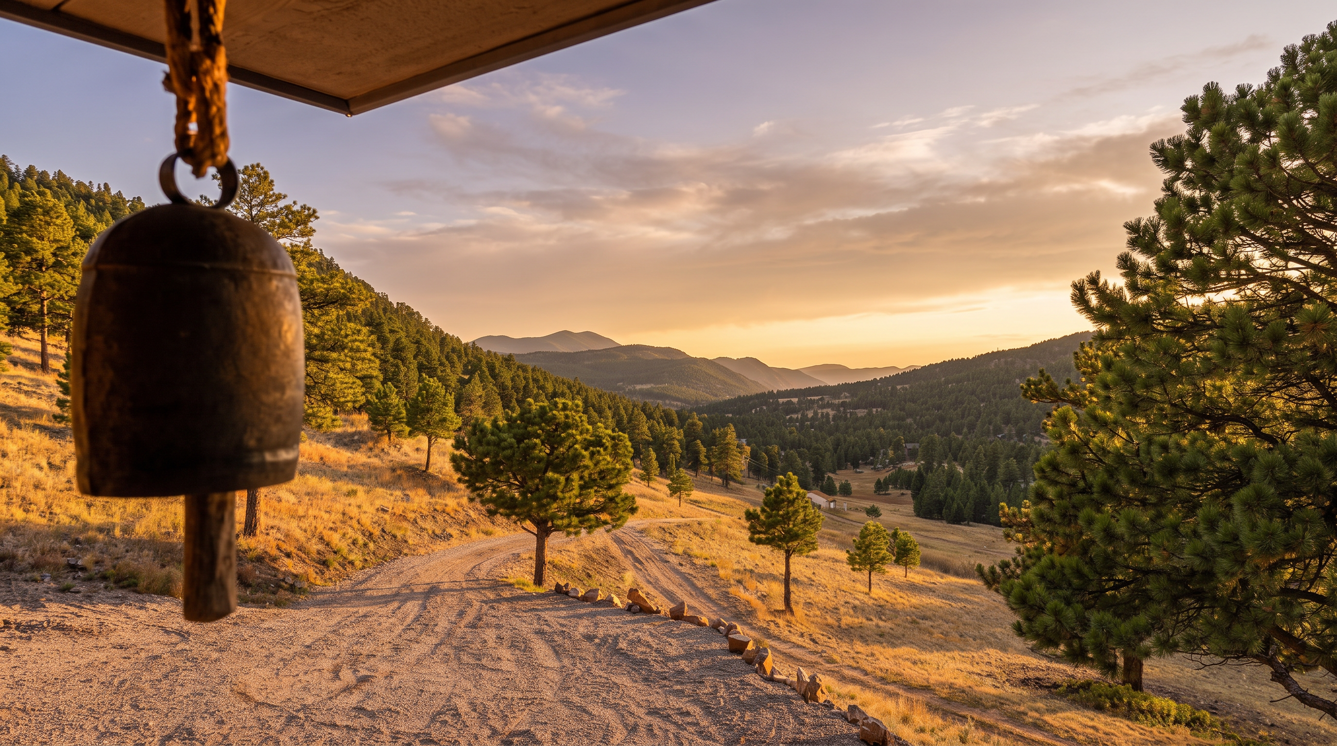 This view is captured from an elevated deck or balcony, looking out over a vast, rugged landscape of rolling hills and pine forests. In the foreground, a rustic metal bell hangs from the structure, framing the expansive vista of a gravel driveway winding through the dry, golden-hued terrain. The scene evokes a sense of peaceful seclusion and natural beauty, characteristic of a mountain or rural retreat.