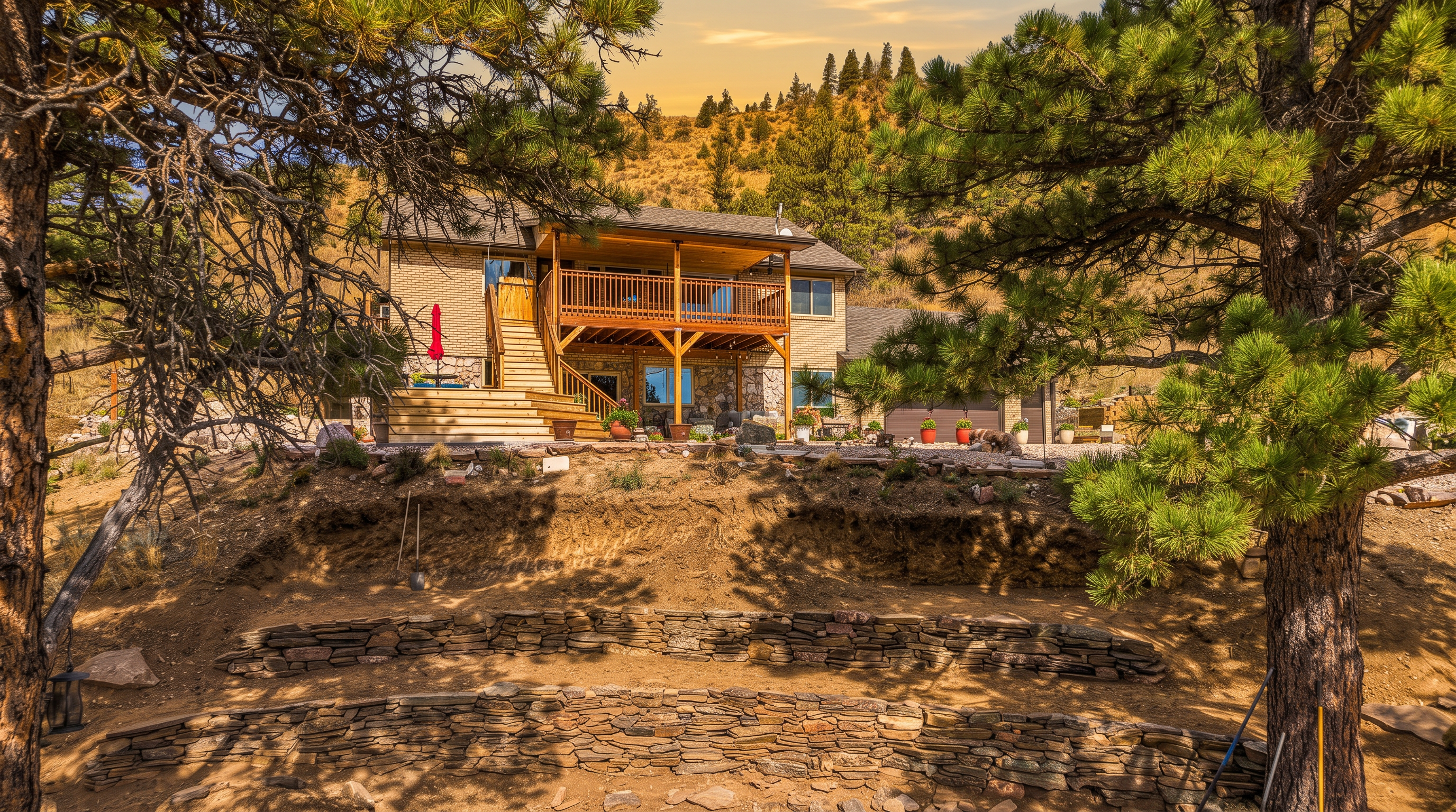 This rear view captures a multi-level home nestled into a hillside, featuring a prominent wooden deck and a stone-clad lower level. The foreground showcases tiered stone retaining walls and natural landscaping, framed by mature pine trees that provide a rustic, secluded atmosphere. The perspective is taken from a slightly elevated position, emphasizing the home's integration with the rugged, mountainous terrain.