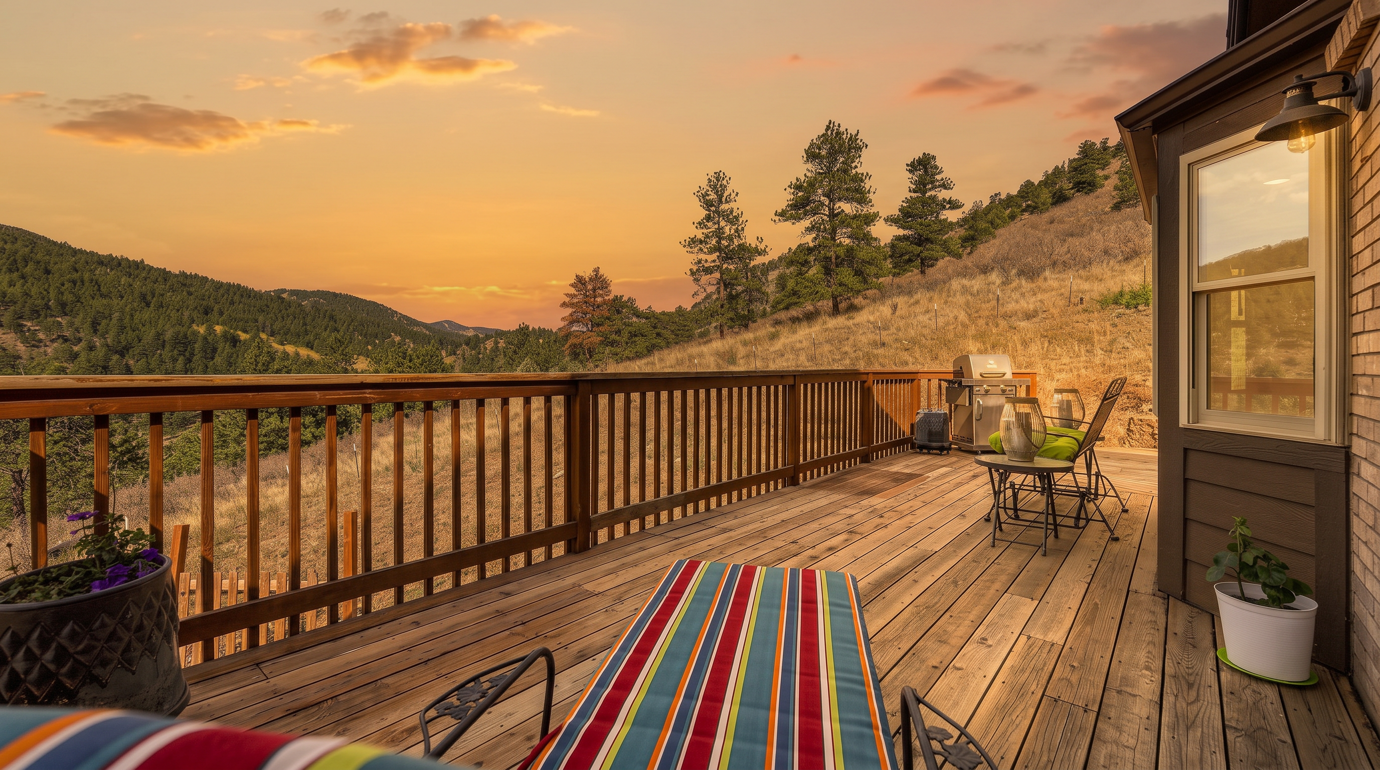 This spacious wooden deck offers a panoramic view of a rolling, sun-drenched hillside covered in pine trees and dry grasses. The deck is furnished with a striped lounge chair in the foreground and a small bistro set with a grill nearby, creating an inviting space for outdoor relaxation. The perspective captures the expansive nature of the property, highlighting the seamless transition between the home's exterior and the natural landscape.