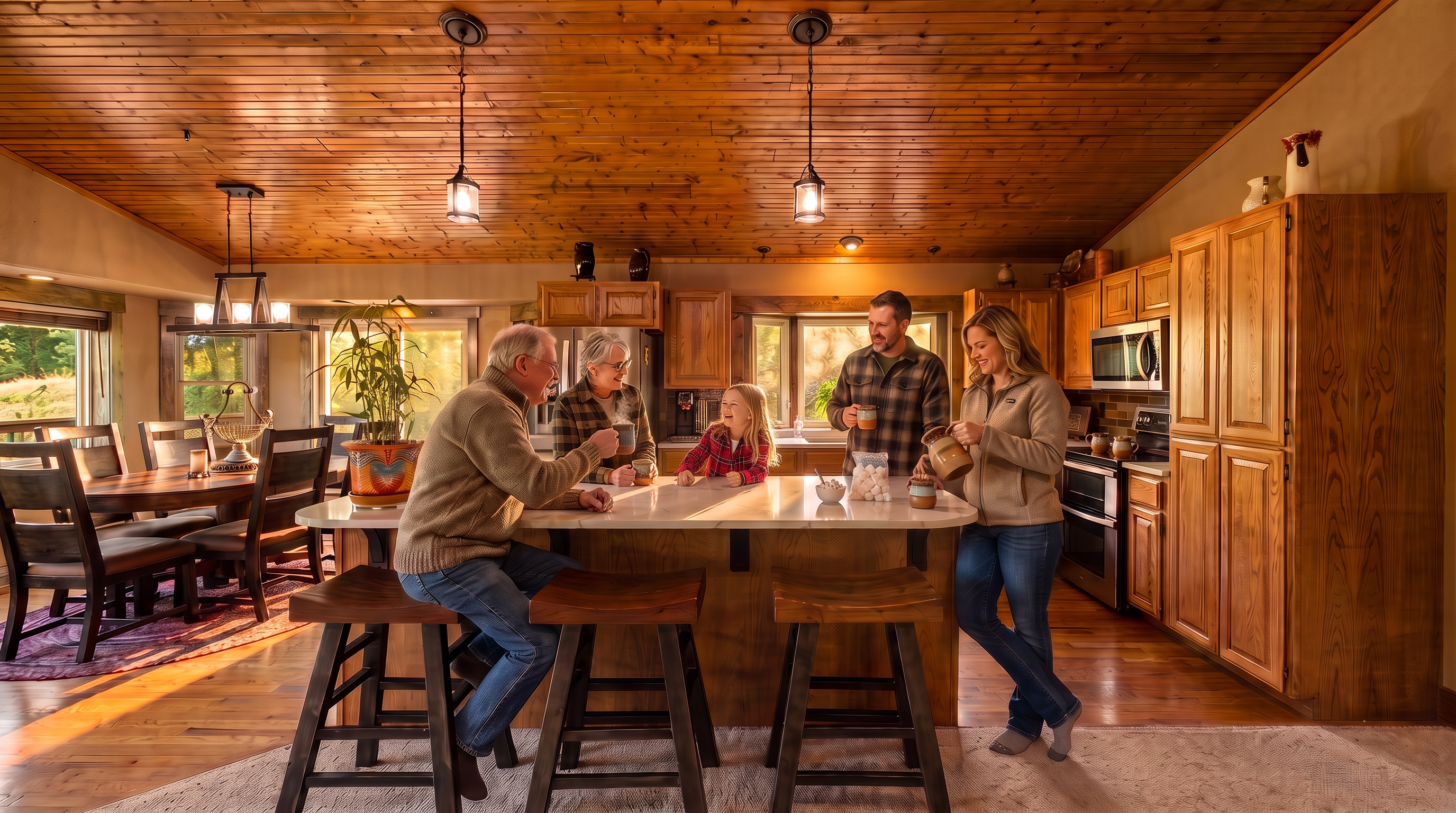 This open-concept kitchen features a large central island with a light-colored stone countertop and three wooden bar stools, serving as a focal point for the space. The room is characterized by warm wood-paneled vaulted ceilings, light wood cabinetry, and stainless steel appliances, creating a rustic yet functional atmosphere. A dining area is visible to the left, and the layout flows seamlessly into the kitchen, which is illuminated by hanging pendant lights and natural light from the windows.