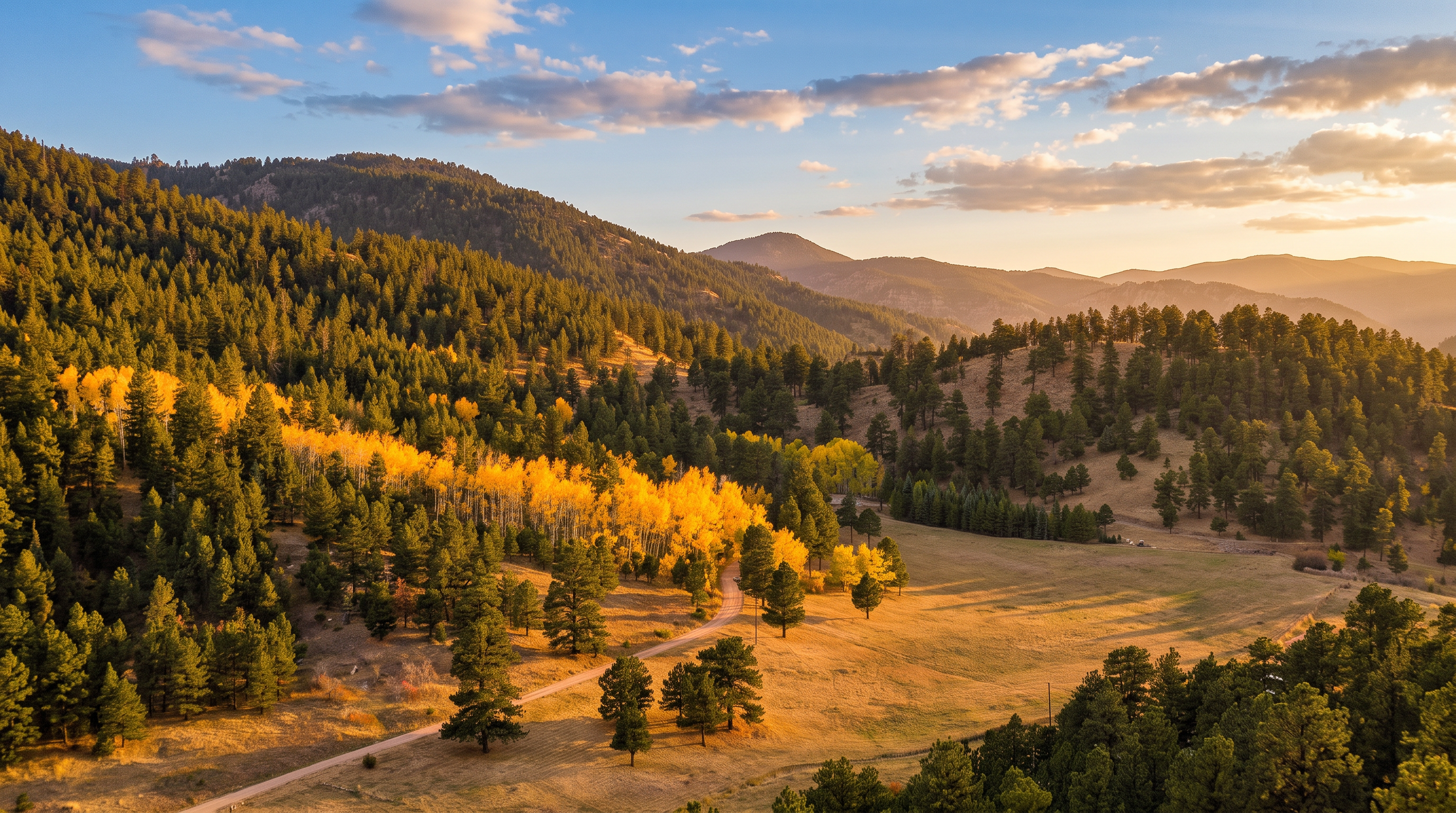 This expansive aerial view captures a vast, rolling landscape characterized by a mix of dense evergreen forests and a vibrant band of golden-yellow aspen trees. A winding dirt road cuts through the open, grassy meadow, leading the eye toward the distant, rugged mountain ranges under a clear blue sky. The scene offers a serene and picturesque perspective of a large, natural property, highlighting the diverse topography and seasonal colors.