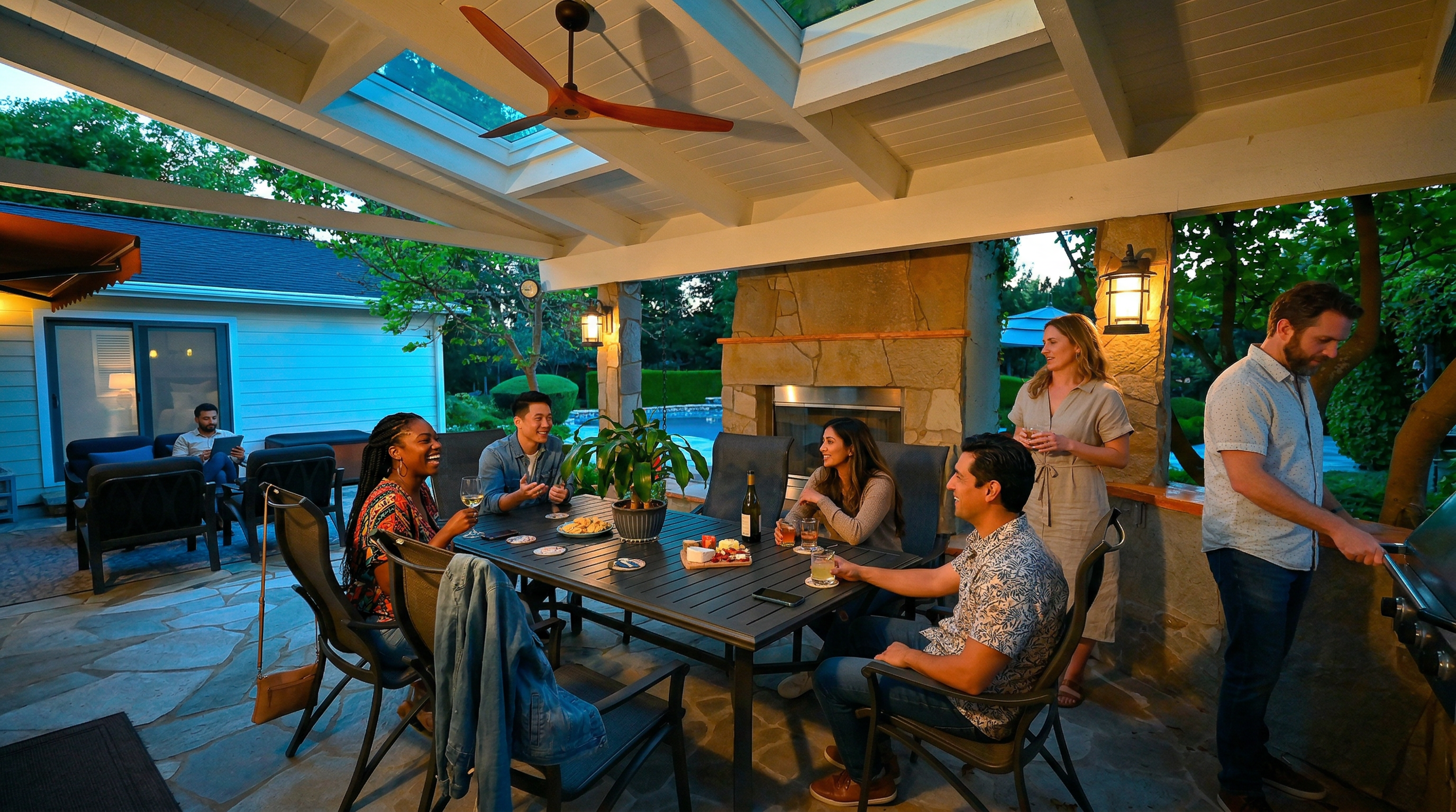 This spacious covered patio offers a sophisticated outdoor living area, perfect for entertaining with its built-in stone fireplace and integrated grill station. The area is illuminated by elegant wall-mounted sconces and a ceiling fan, creating an inviting atmosphere that blends seamlessly with the adjacent landscaped backyard. Featuring comfortable dining furniture and a high-end design, this space serves as an exceptional extension of the home's living environment.