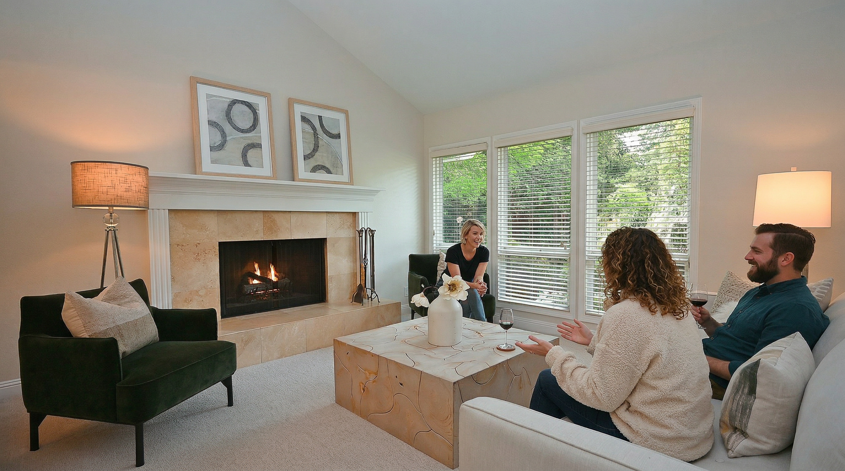 This inviting living room features a cozy fireplace with a stone surround and mantle, flanked by two green velvet armchairs and custom artwork. A large, unique wood-block coffee table serves as a centerpiece for the seating area, while soft lighting and neutral decor create a warm, comfortable atmosphere perfect for social gatherings.