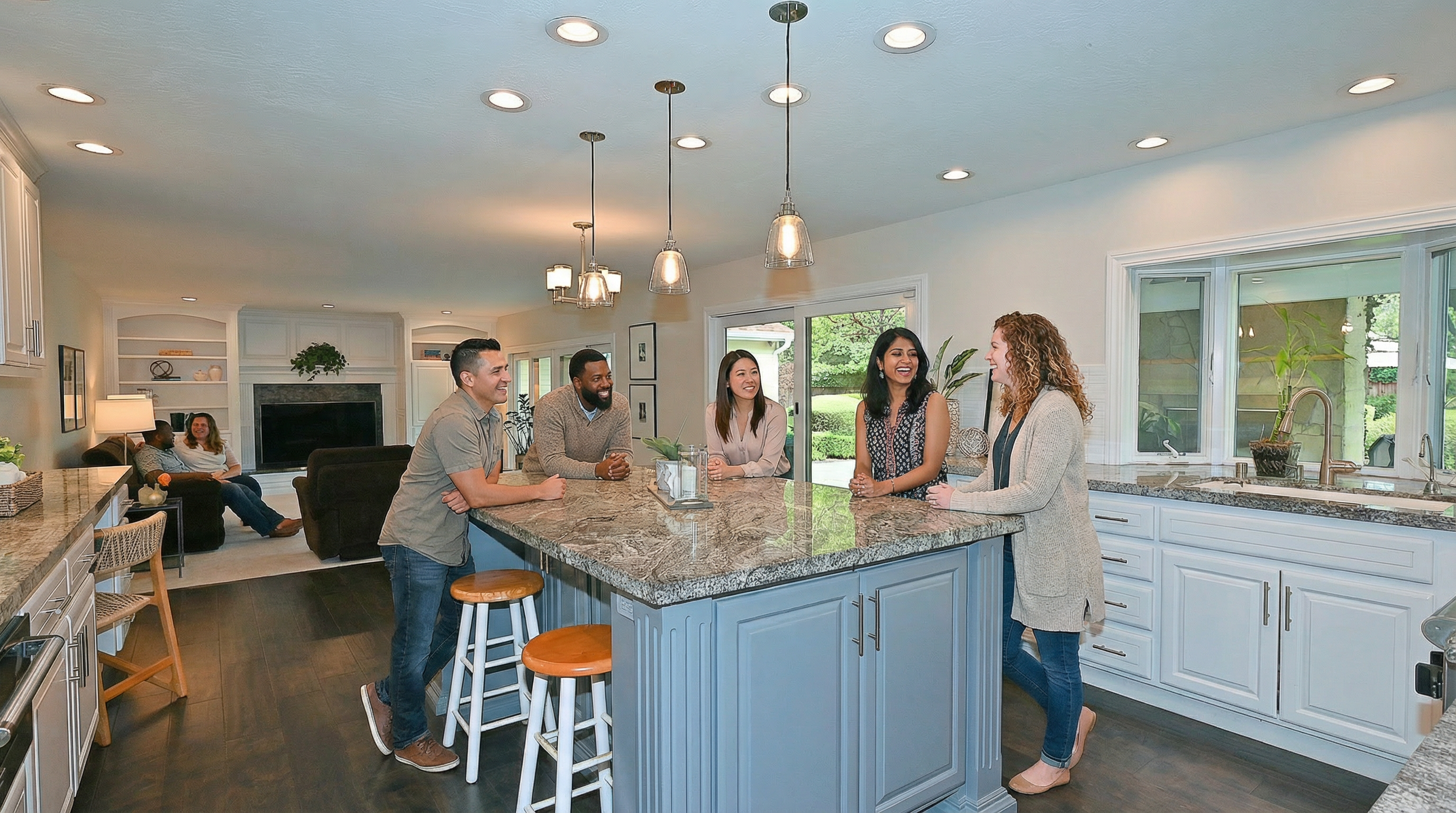 This kitchen features a large central island with striking granite countertops and a blue base, complemented by light grey cabinetry and stainless steel fixtures. The open-concept design transitions seamlessly into a comfortable living space with a fireplace, creating an inviting atmosphere ideal for socializing. Pendant lighting above the island and recessed ceiling lights contribute to a bright, modern, and high-end feel.