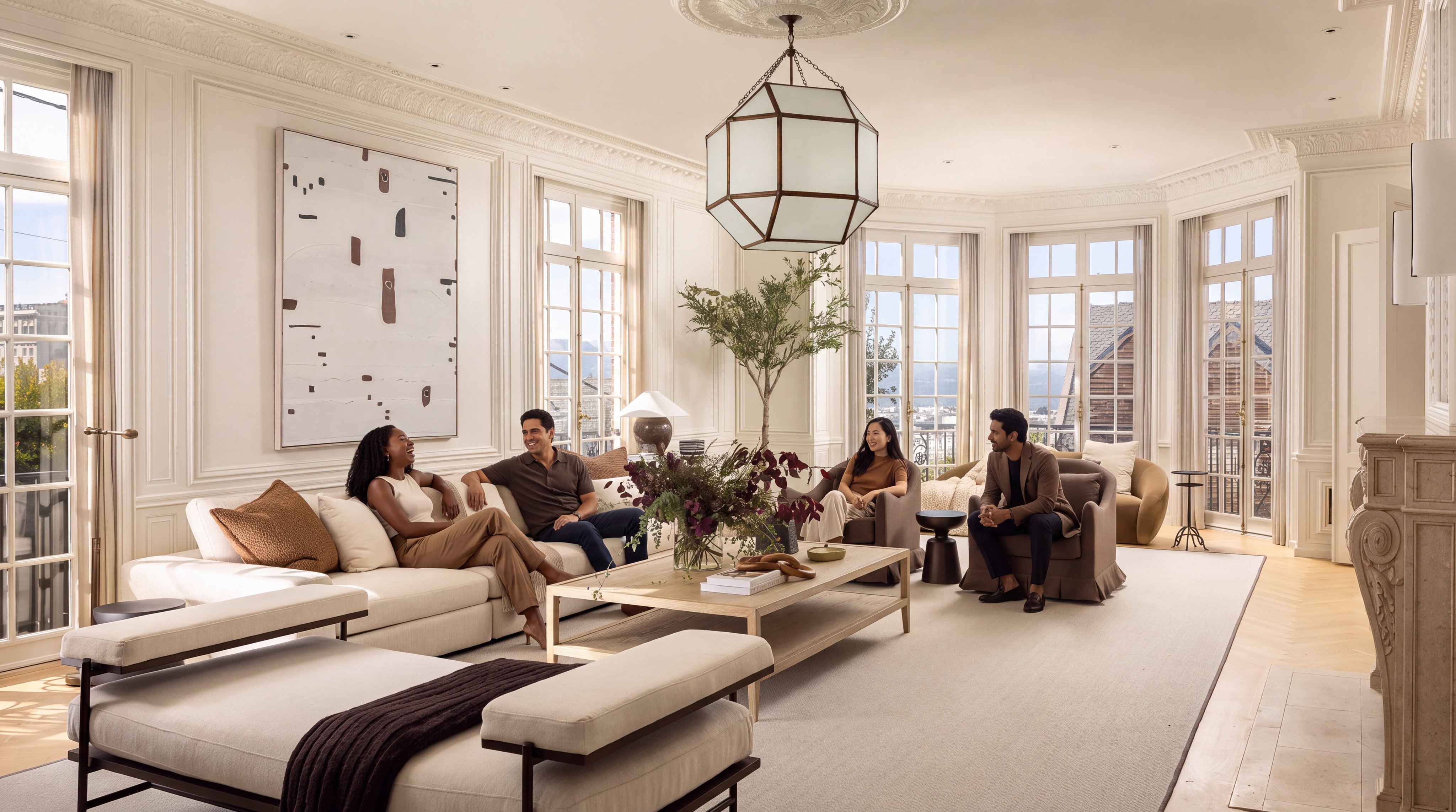 This elegant living room features a sophisticated neutral color palette, highlighted by intricate wall molding and a large, geometric pendant light suspended from a decorative ceiling medallion. The space is furnished with a plush, expansive sectional sofa, a light wood coffee table, and two comfortable armchairs, all arranged around a central seating area. Large, multi-paned windows line the back wall, flooding the room with natural light and offering views of the outdoors, while a stone fireplace surround adds a classic architectural touch to the side of the room.