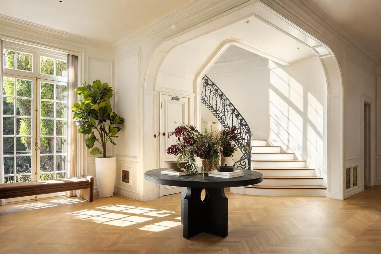 This elegant foyer features light wood herringbone flooring and a dramatic arched entryway leading to a staircase with ornate iron railings. A large, dark circular table sits in the center, topped with a lush floral arrangement, while a tall potted plant and a long bench are positioned near the tall windows. The space is bathed in natural light, creating a sophisticated and welcoming atmosphere.