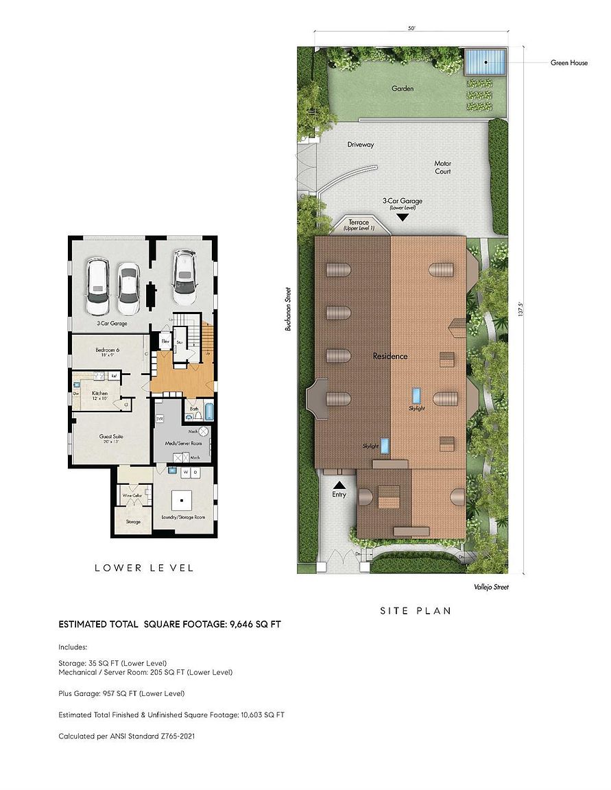 This image displays a comprehensive architectural floor plan and site plan for a residential property. The left side details the lower level layout, including a three-car garage, guest suite, kitchen, wine cellar, and laundry room, while the right side provides an aerial site plan showing the residence, motor court, driveway, and garden. The document includes technical specifications such as total square footage and site dimensions, offering a clear overview of the property's spatial organization.