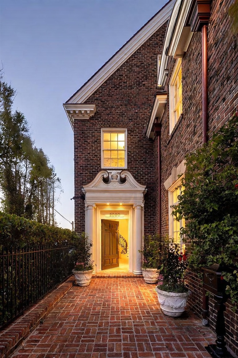 This elegant entryway features a classic brick facade with a prominent, ornate white pediment and columns framing the front door. A herringbone-patterned brick walkway leads to the entrance, flanked by large, decorative planters and a wrought-iron fence. The warm glow from the interior and exterior lighting creates an inviting and sophisticated atmosphere at dusk.