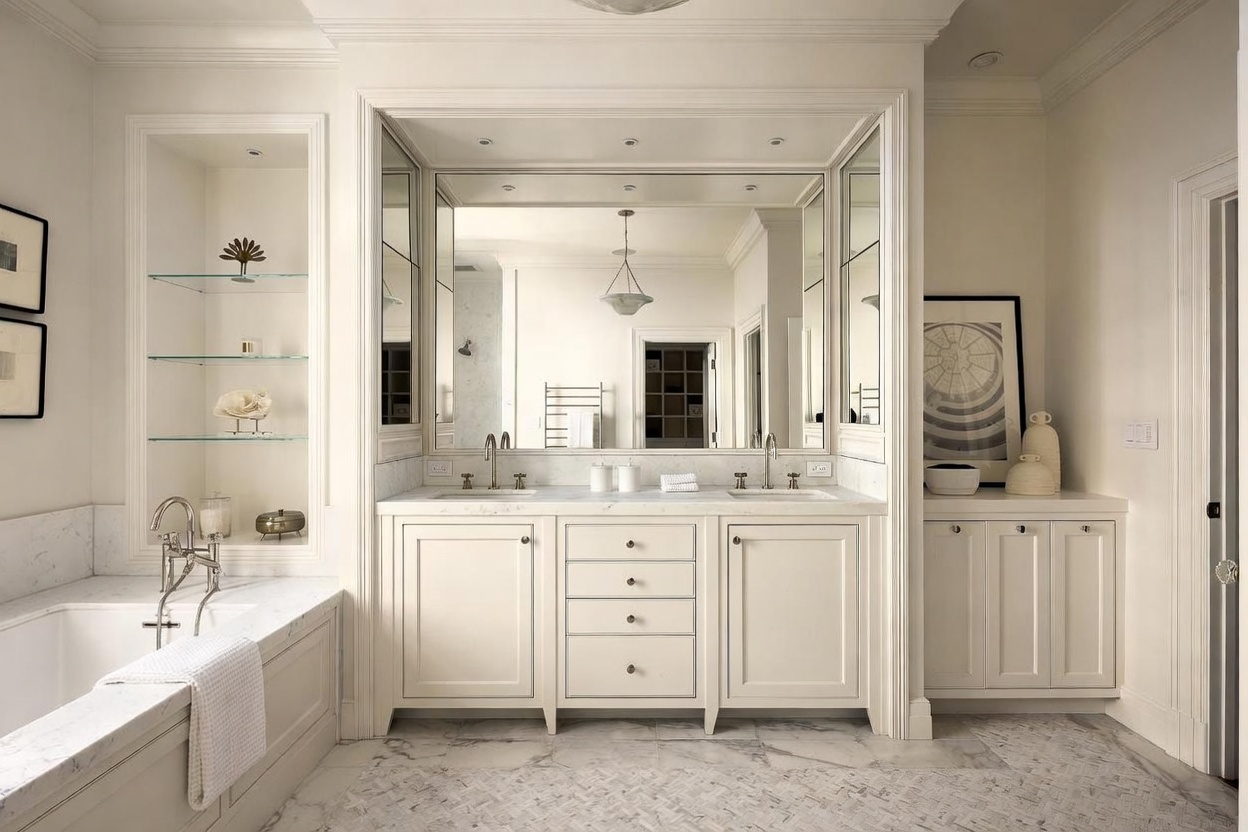 This elegant primary bathroom features a double vanity with a stone countertop, framed by a large central mirror and side cabinetry. To the left, a built-in bathtub is positioned beneath recessed shelving, while a separate storage cabinet sits to the right. The space is finished with light-toned cabinetry and intricate patterned floor tile, creating a bright and sophisticated atmosphere.