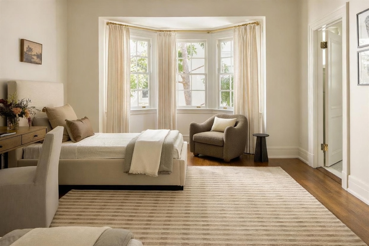 This serene bedroom features a neutral color palette, a plush upholstered bed, and a cozy armchair positioned by a large bay window. The room is accented by a textured area rug over dark wood flooring, creating a warm and inviting atmosphere. A small desk area and soft, layered window treatments complete this well-appointed guest space.