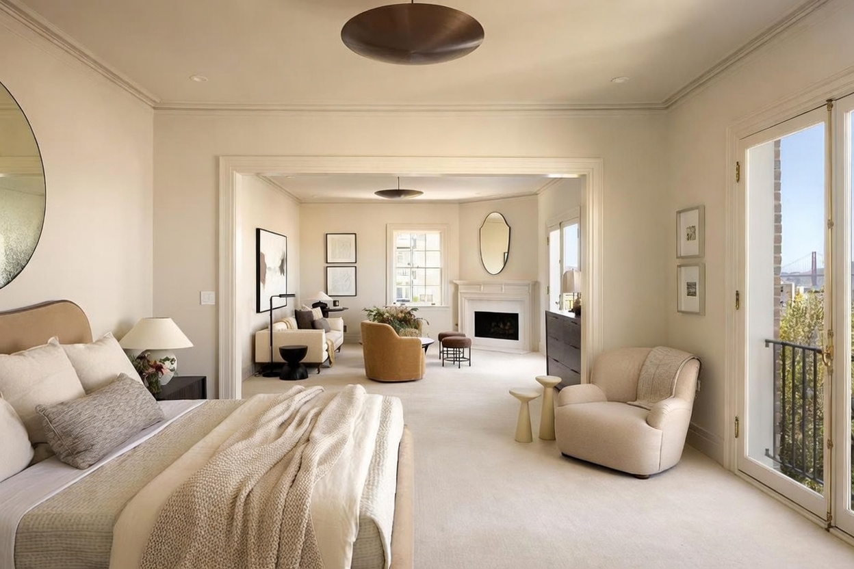 This elegant primary bedroom suite features a neutral color palette and a seamless transition into an adjoining sitting area with a fireplace. The room is furnished with a plush bed, a comfortable armchair, and sophisticated decor, all bathed in soft, natural light. Large glass doors provide a view of the Golden Gate Bridge, enhancing the luxurious and serene atmosphere of the space.