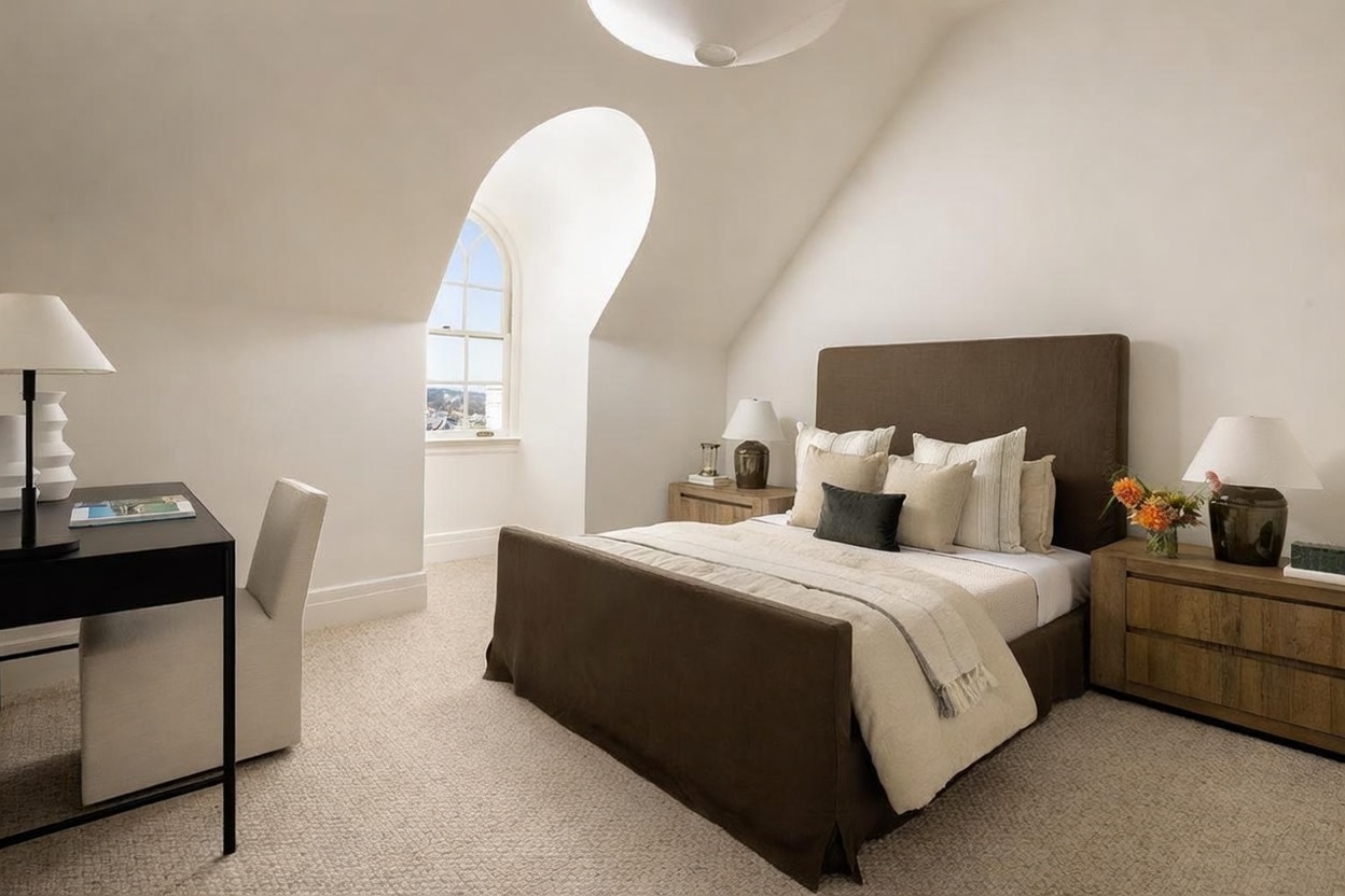 This serene bedroom features a neutral color palette with a dark brown upholstered bed frame and matching nightstands. A sleek black desk and chair are positioned near a unique arched window that allows natural light to fill the room. The space is finished with light-toned carpeting and a minimalist aesthetic, creating a calm and inviting atmosphere.