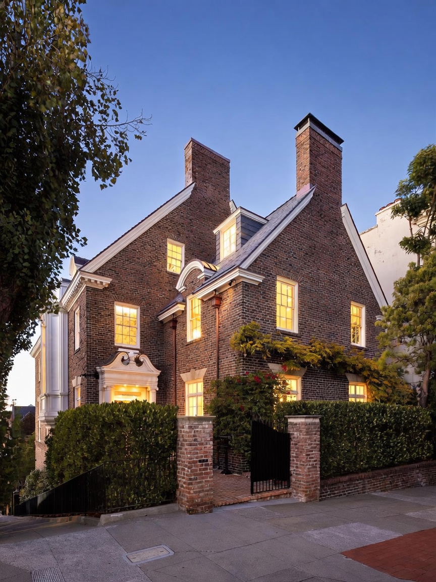 This stately, multi-story brick residence showcases classic Georgian-inspired architecture with symmetrical chimneys and a prominent, ornate entryway. The home is framed by mature trees and a manicured hedge, with a brick-paved path leading through a black iron gate. The warm glow from the interior windows contrasts beautifully against the twilight sky, creating an inviting and sophisticated curb appeal.