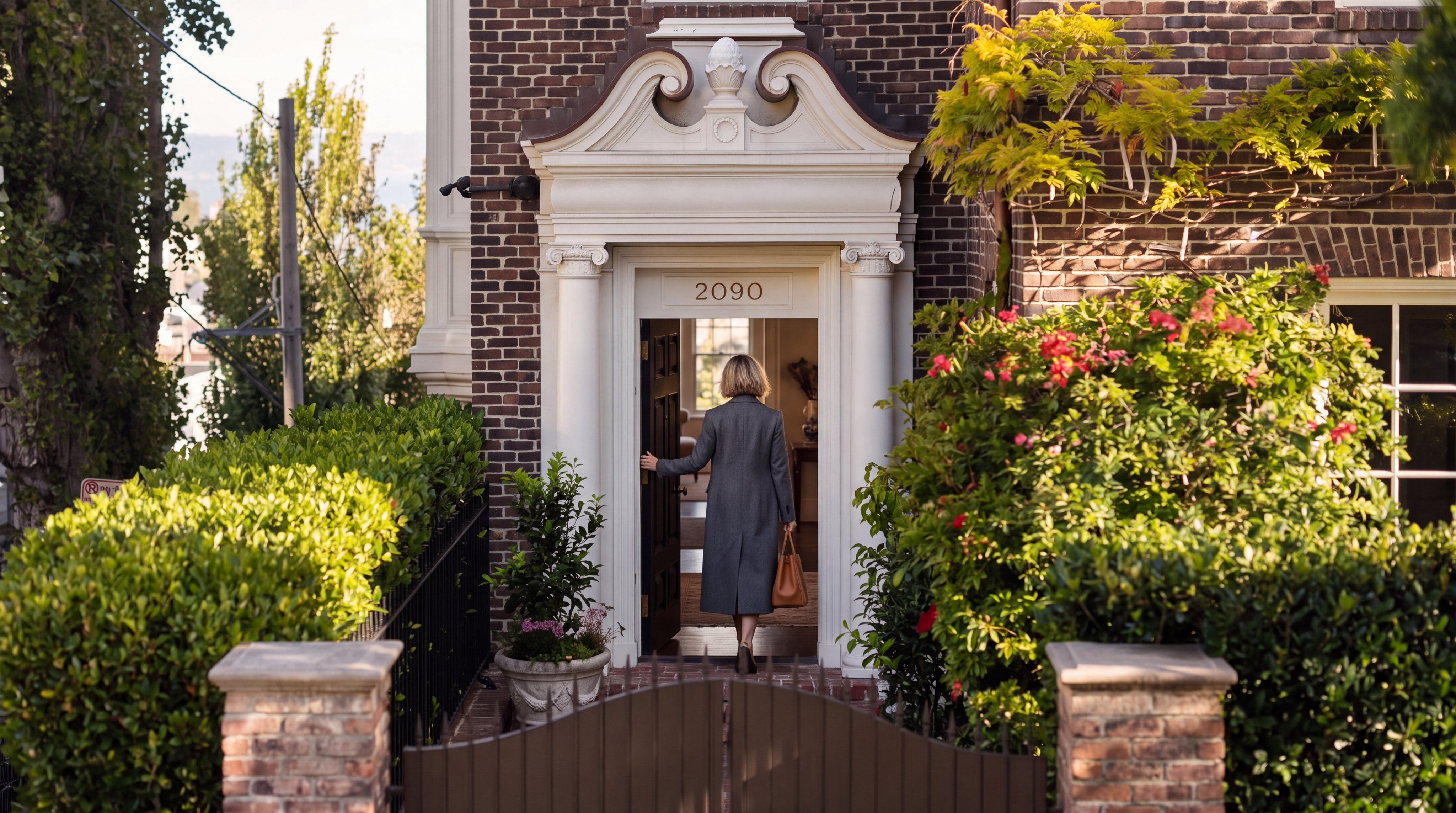 This elegant brick residence features a classic architectural style with a prominent, ornate entryway highlighted by a decorative pediment and a black front door. The property is framed by lush, mature greenery and a brick-walled courtyard, creating a sense of privacy and curb appeal. A clear view of the bay in the distance adds to the prestigious feel of this multi-story home.