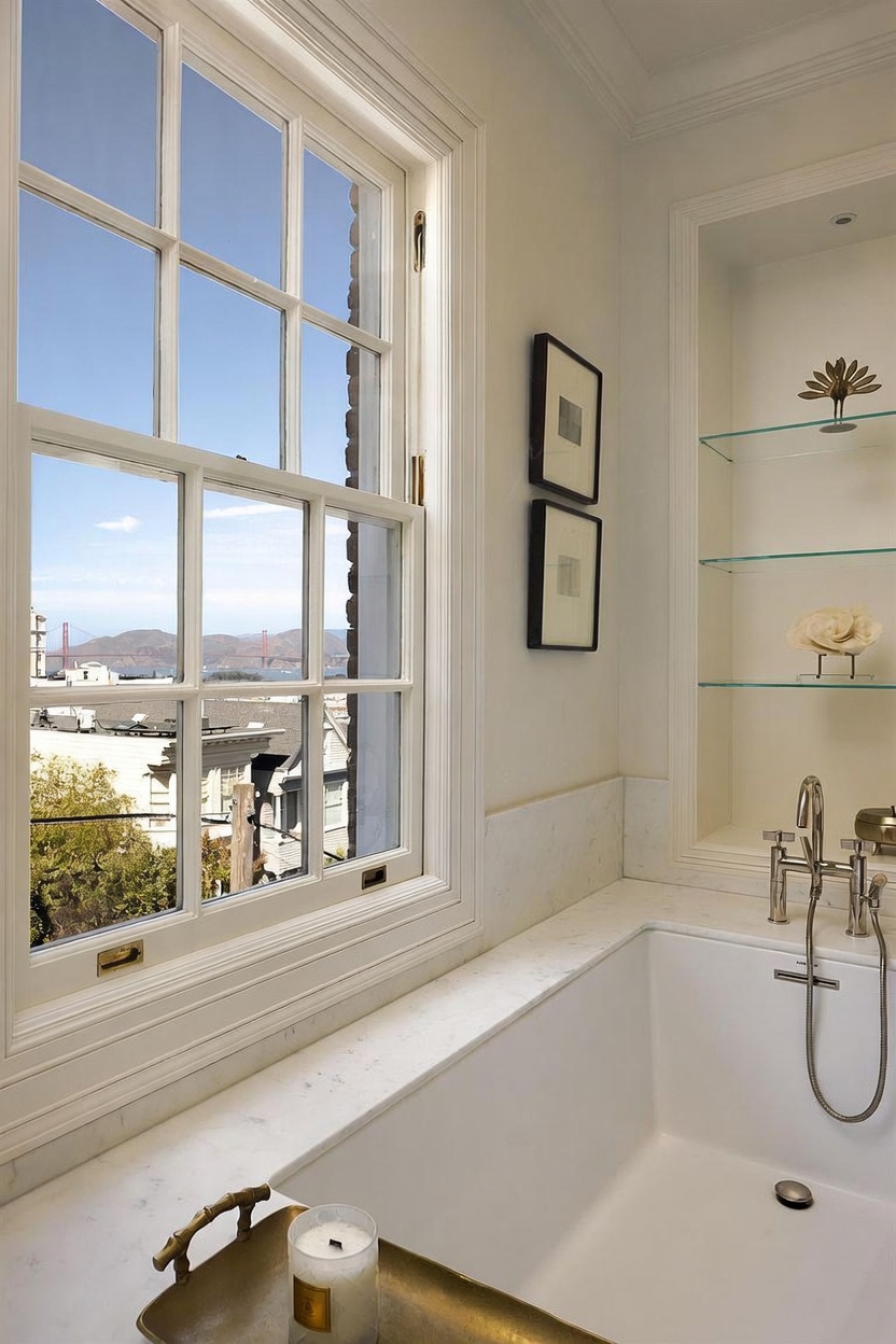 This elegant bathroom features a deep soaking tub set against a window that offers a stunning, elevated view of the Golden Gate Bridge. The space is finished with light-toned stone surfaces, built-in glass shelving for decor, and polished metal fixtures. The bright, neutral palette creates a serene and luxurious atmosphere, perfectly framing the iconic cityscape.