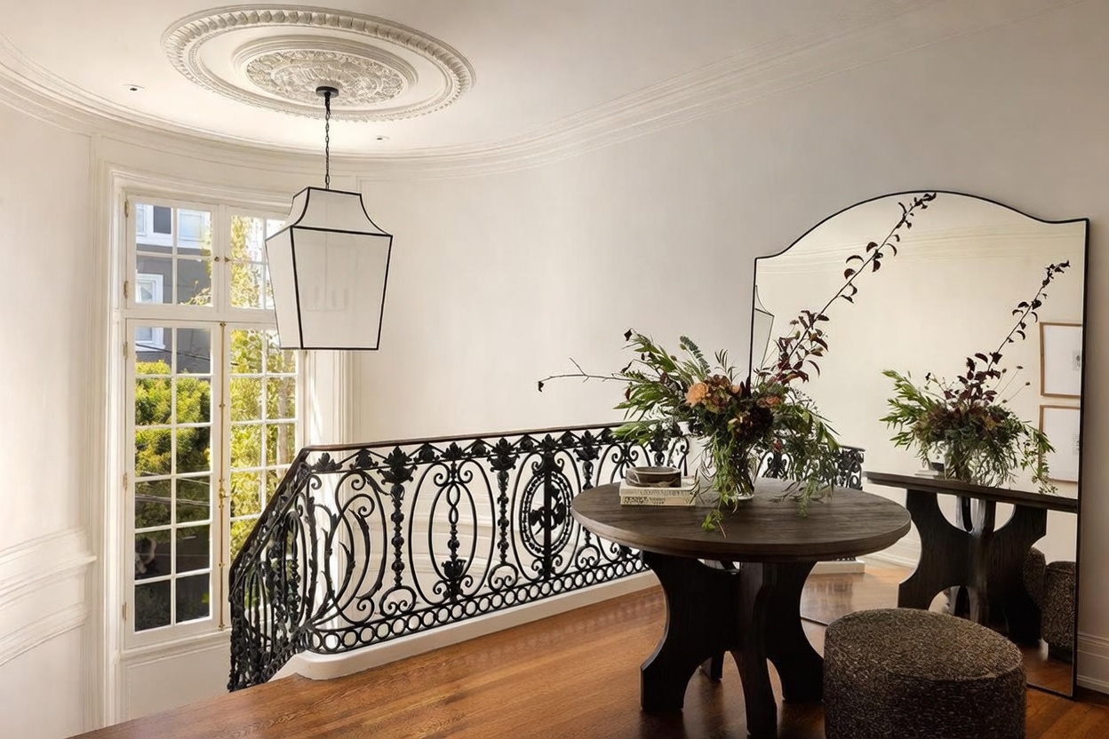 This elegant landing area features a dark wood circular table paired with two textured ottomans, positioned beneath a sophisticated pendant light fixture. A large, arched mirror reflects the space, while an ornate black metal railing overlooks the staircase below. The room is accented by a detailed ceiling medallion and tall windows that allow natural light to fill the area, creating a refined and welcoming atmosphere.