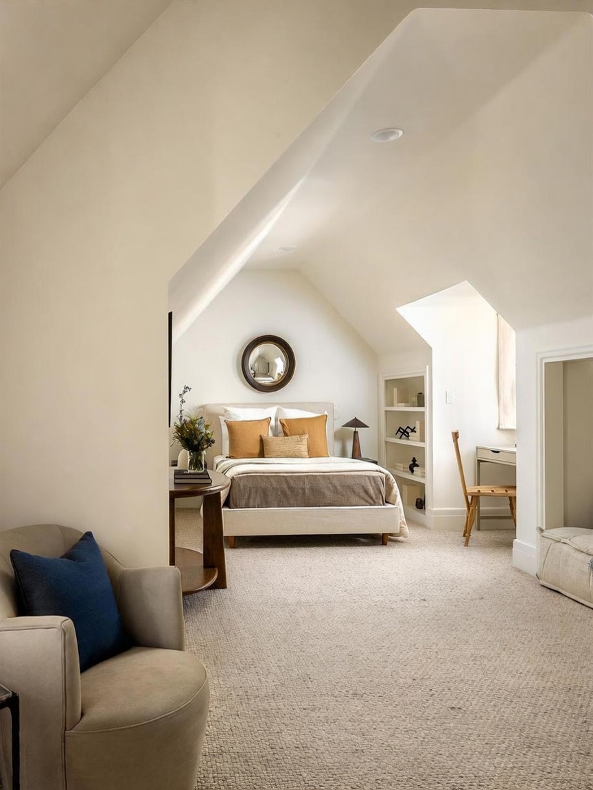 This cozy, light-filled bedroom is situated under a sloped ceiling, creating an intimate and architectural atmosphere. The room features a neutral color palette with a plush bed, a small built-in desk area, and a comfortable armchair in the foreground. A round mirror hangs above the bed, while built-in shelving provides convenient storage, making the space feel both functional and serene.