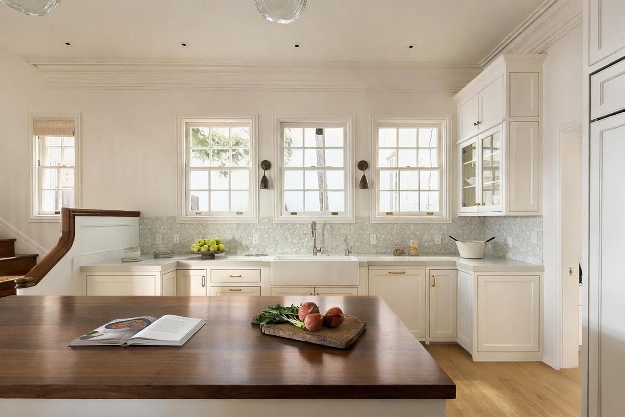 This bright and airy kitchen features crisp white cabinetry, a farmhouse-style sink, and a large central island with a dark wood countertop. Three windows above the sink provide ample natural light, while a mosaic tile backsplash adds texture to the space. The perspective is a wide, eye-level shot that captures the functional layout and the clean, classic aesthetic of the room.