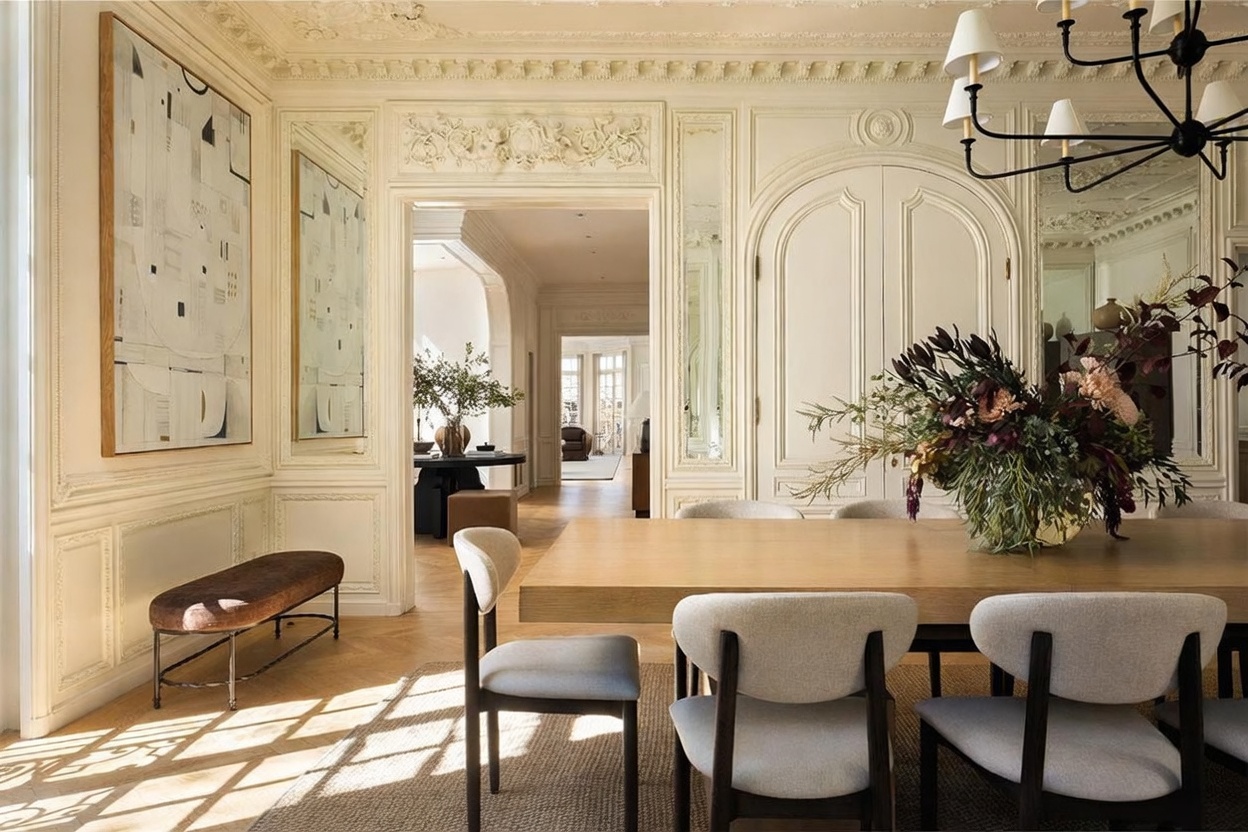 This elegant dining room features intricate wall molding, a light wood dining table, and modern upholstered chairs. A large, dramatic floral arrangement serves as a centerpiece, while a contemporary black chandelier hangs above. The room flows into an adjacent hallway, showcasing a sophisticated, classic design with a neutral color palette.