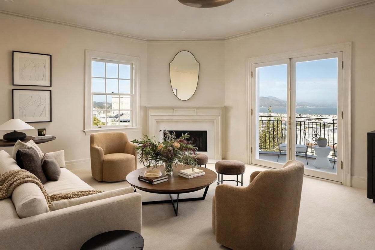 This elegant living room features a neutral color palette, plush seating, and a central fireplace with a decorative mirror above it. A round wooden coffee table serves as the focal point, surrounded by two armchairs and a sofa, while large glass doors open to a balcony with expansive bay views. The space is bathed in natural light, creating a sophisticated and airy atmosphere perfect for relaxation.