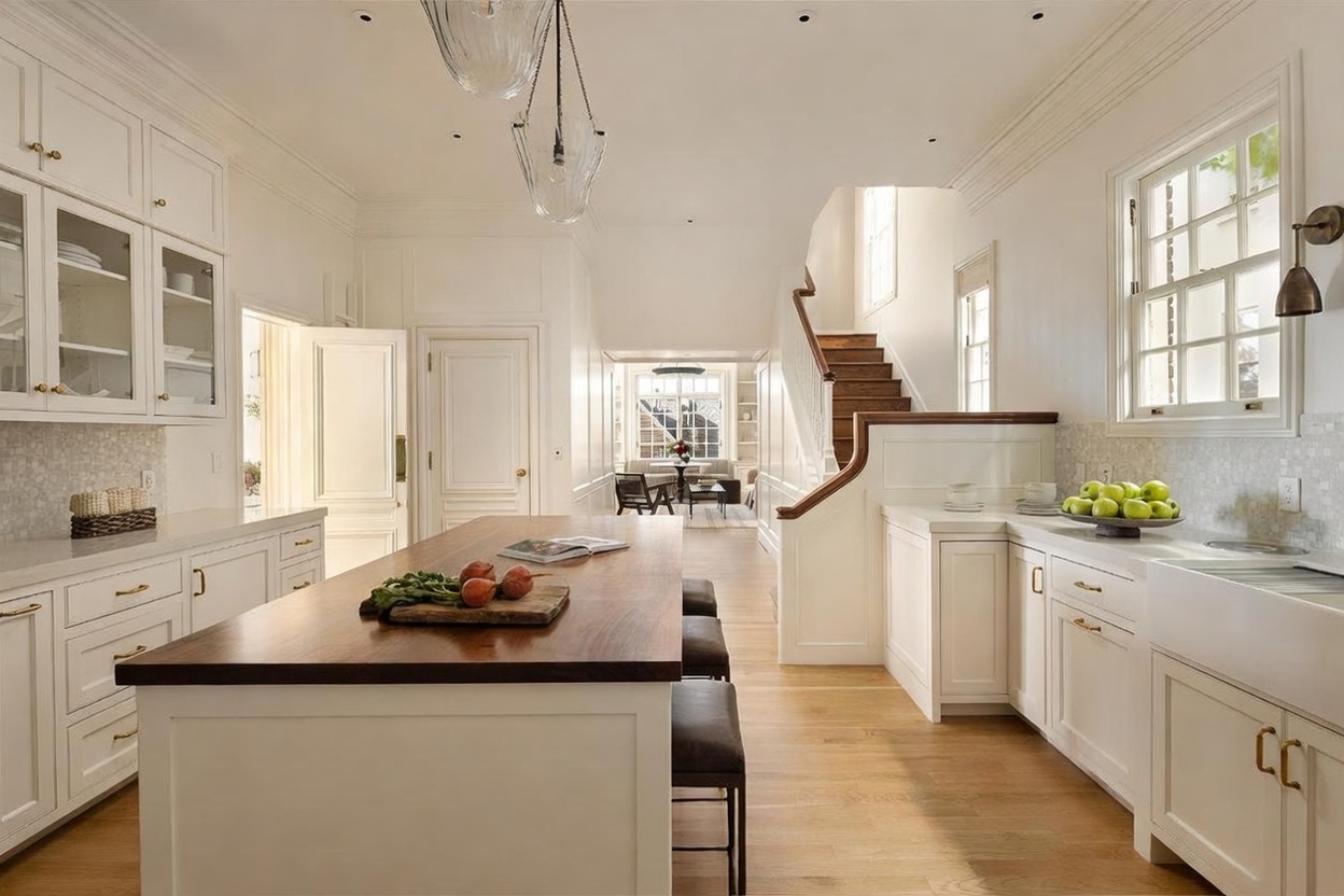 This bright and airy kitchen features white cabinetry, a large central island with a dark wood countertop, and light wood flooring. The space is illuminated by elegant pendant lighting and natural light streaming from the windows, creating a welcoming and sophisticated atmosphere. A staircase with a wooden handrail leads to an upper level, while a view through the doorway reveals a glimpse of an adjacent living area.