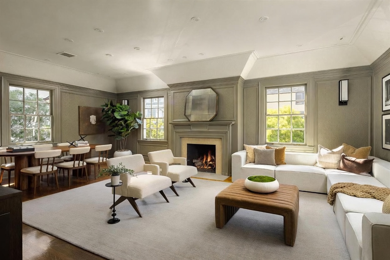 This sophisticated living room features sage green paneled walls and a central fireplace with a decorative mirror above the mantel. The space is furnished with a large white sectional sofa, two cream-colored armchairs, and a low-profile brown leather coffee table, all arranged on a neutral area rug. To the left, a dining area with a wooden table and chairs is visible, while large windows on either side of the fireplace allow for ample natural light.