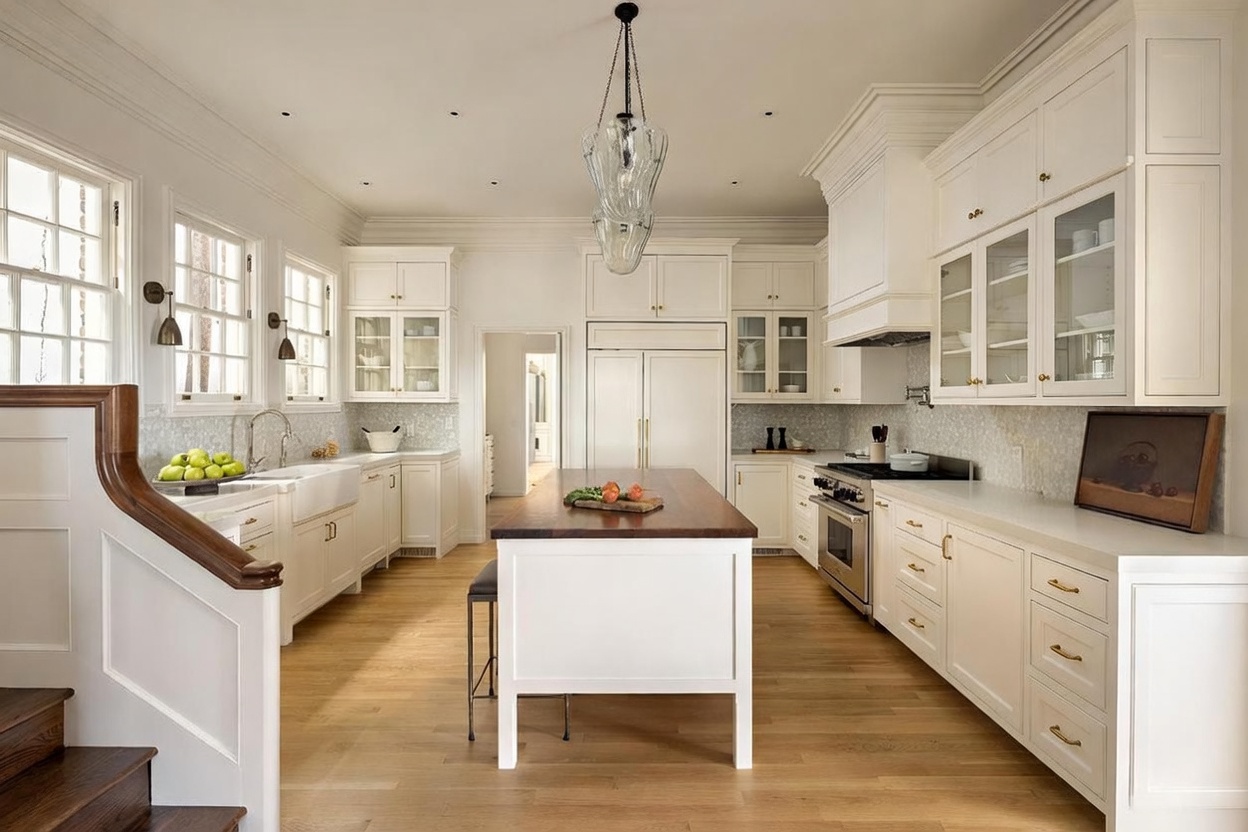 This bright and spacious kitchen features classic white cabinetry, a large central island with a dark wood countertop, and light wood flooring. The space is illuminated by a prominent glass pendant light and recessed lighting, with a farmhouse sink positioned under large windows. The perspective is centered, showcasing the symmetrical layout and the transition from the adjacent staircase into the heart of the home.