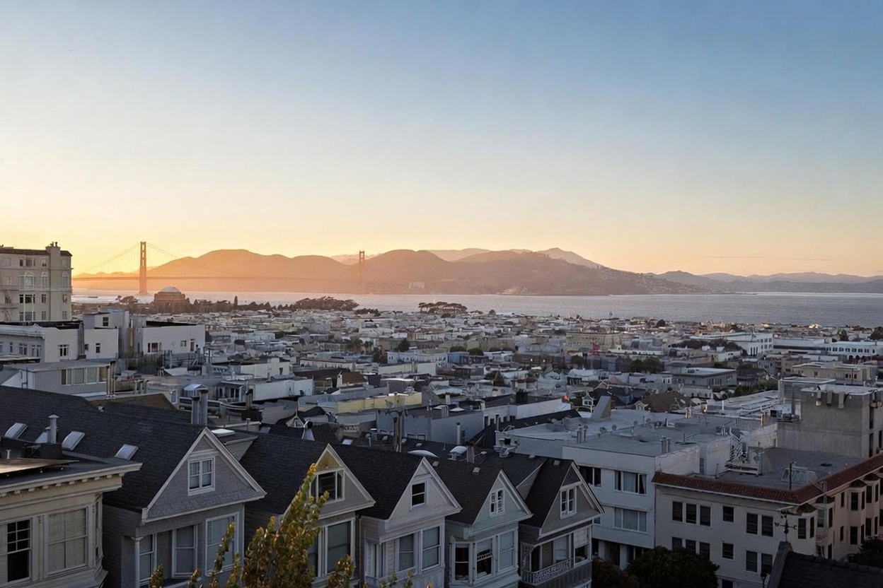 This elevated perspective captures a sweeping panoramic view of a dense urban neighborhood in San Francisco, featuring iconic Victorian-style homes in the foreground. The horizon is dominated by the Golden Gate Bridge silhouetted against a soft, golden sunset sky over the bay. The composition emphasizes the city's unique topography and architectural character, offering a dramatic and highly desirable outlook.