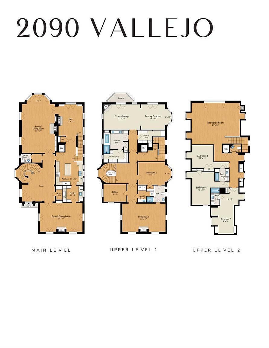 This image displays a comprehensive architectural floor plan for a multi-level residence located at 2090 Vallejo. The layout is presented in three distinct sections labeled Main Level, Upper Level 1, and Upper Level 2, detailing the spatial arrangement of rooms, staircases, and amenities. The top-down perspective provides a clear overview of the home's flow, room dimensions, and structural configuration.