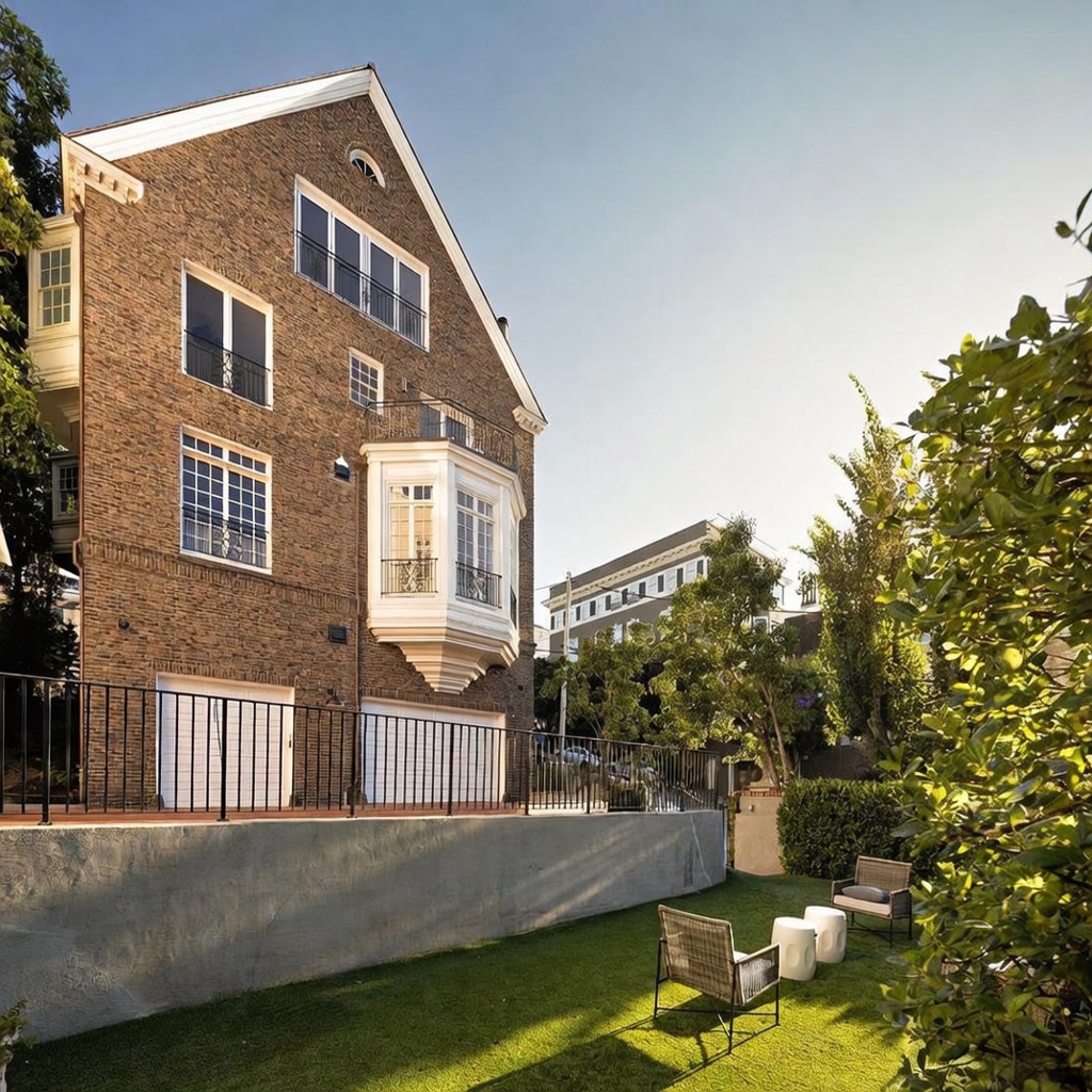 This rear view of a multi-story brick residence showcases a well-maintained lawn area with outdoor seating, separated from the house by a concrete retaining wall and a black metal fence. The architecture features a prominent bay window, multiple balconies with iron railings, and two garage doors at the base. The scene is captured in warm, late-afternoon sunlight, highlighting the textured brick facade and the landscaped garden.