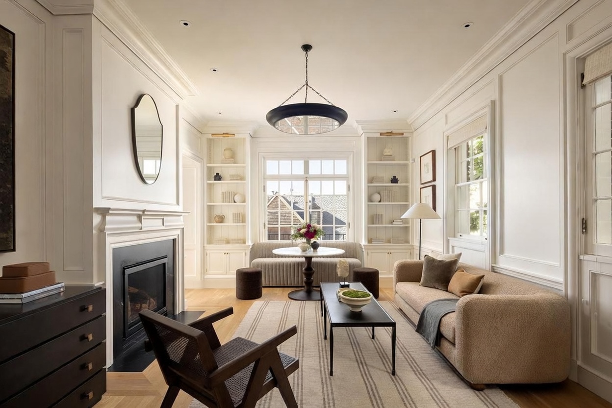 This elegant living room features a sophisticated neutral palette, highlighted by built-in shelving flanking a central window and a fireplace with a dark surround. The space is furnished with a textured sofa, a round dining table with a bench, and a dark wood armchair, all arranged on a striped area rug. A large, modern circular pendant light serves as a focal point, creating a refined and inviting atmosphere.