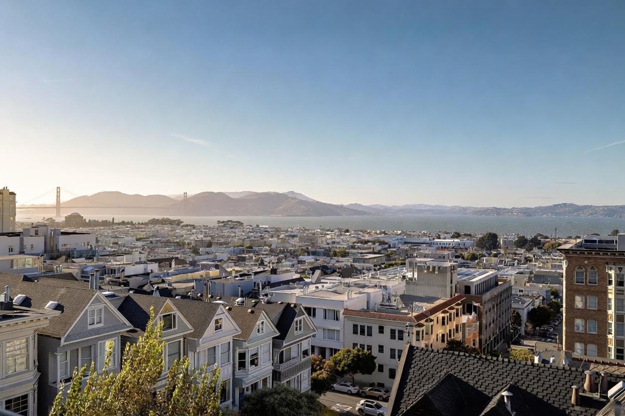 This elevated, wide-angle view captures a sprawling cityscape of San Francisco, featuring a prominent view of the Golden Gate Bridge in the distance. In the foreground, a row of classic Victorian-style houses with pitched roofs and intricate architectural details lines the street, leading the eye toward the dense urban landscape and the bay beyond. The clear blue sky and bright, natural lighting emphasize the expansive, iconic scenery and the desirable location of the property.