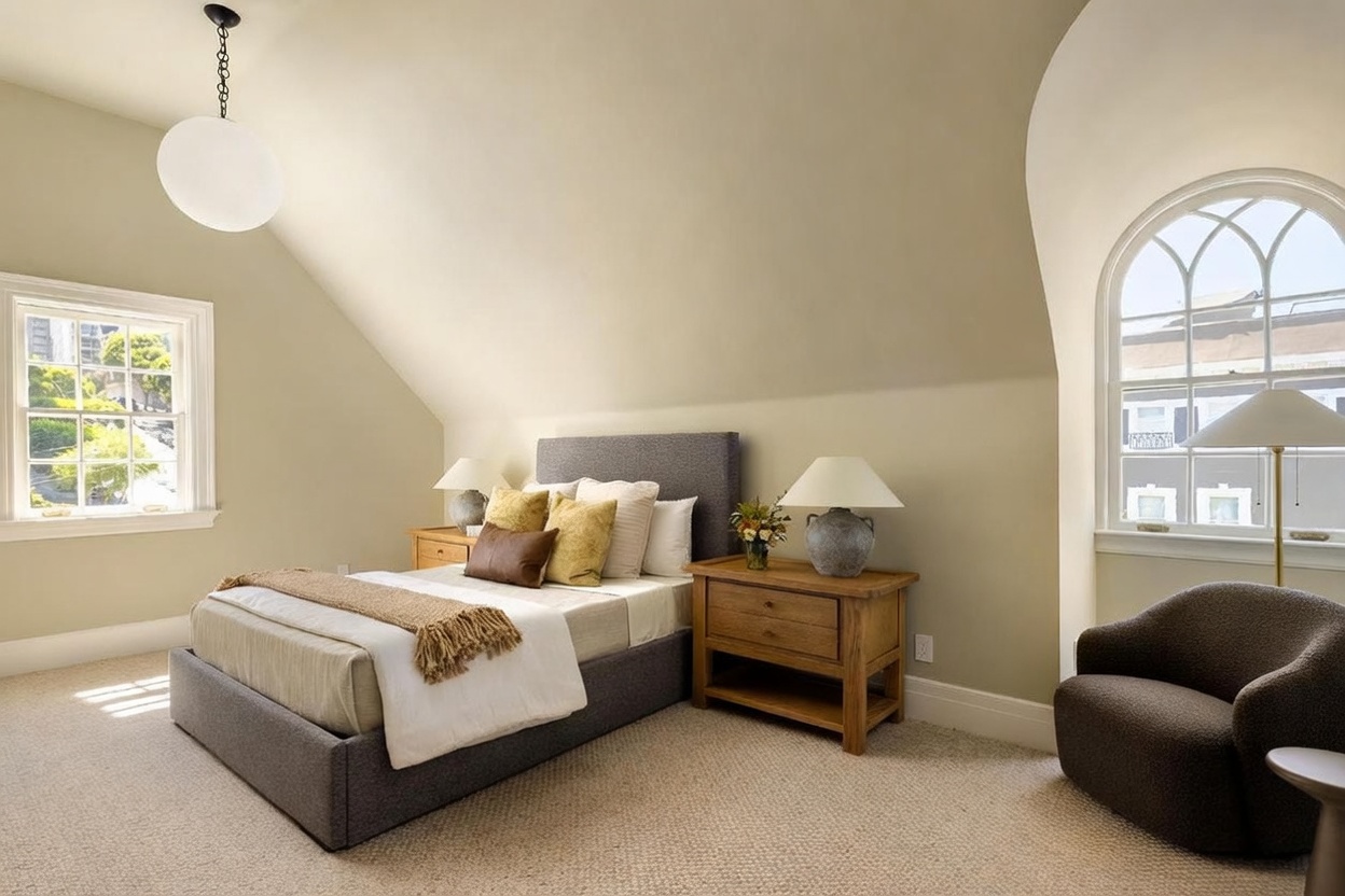 This cozy bedroom features a sloped ceiling and a neutral color palette, creating a serene and inviting atmosphere. The room is furnished with a grey upholstered bed, two wooden nightstands with matching lamps, and a comfortable armchair positioned near a large arched window. The space is well-lit by a modern globe pendant light and natural light streaming through the windows, offering a view of the surrounding neighborhood.