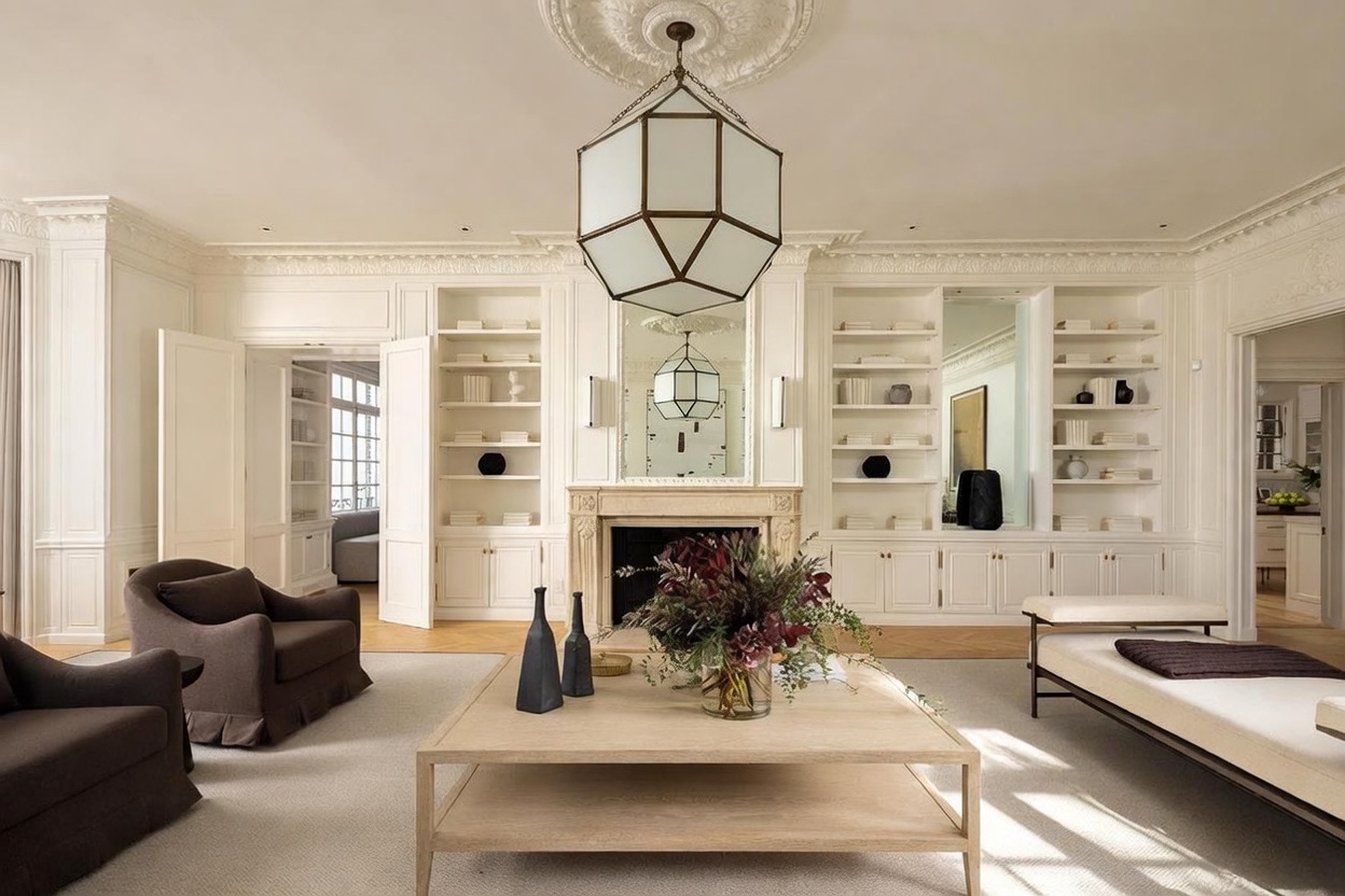 This elegant living room features custom built-in shelving flanking a central stone fireplace, creating a sophisticated and symmetrical focal point. The space is anchored by a large light wood coffee table topped with a floral arrangement, complemented by plush dark armchairs and a neutral area rug. A prominent geometric pendant light hangs from a detailed ceiling medallion, enhancing the room's refined and airy atmosphere.