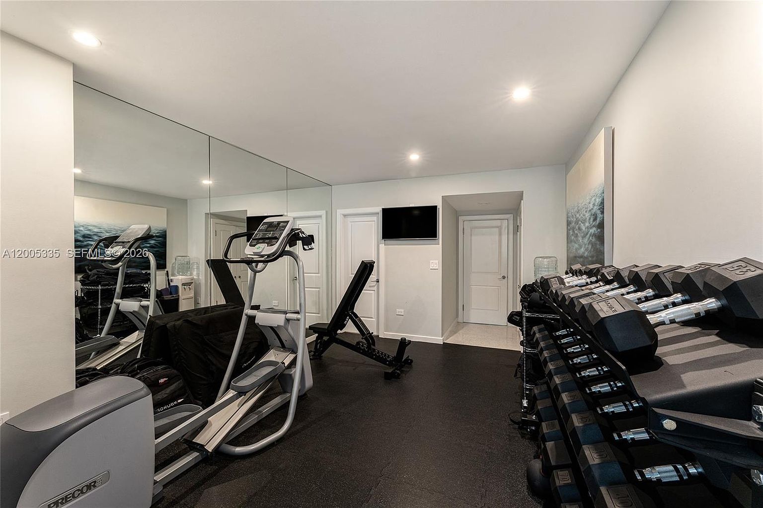 This home gym features a dedicated workout space equipped with a professional-grade elliptical machine and a comprehensive rack of Rogue dumbbells. The room is finished with dark, durable rubber flooring and a large wall-to-wall mirror that enhances the sense of space. A wall-mounted television and a neutral color palette create a functional and focused environment for fitness activities.