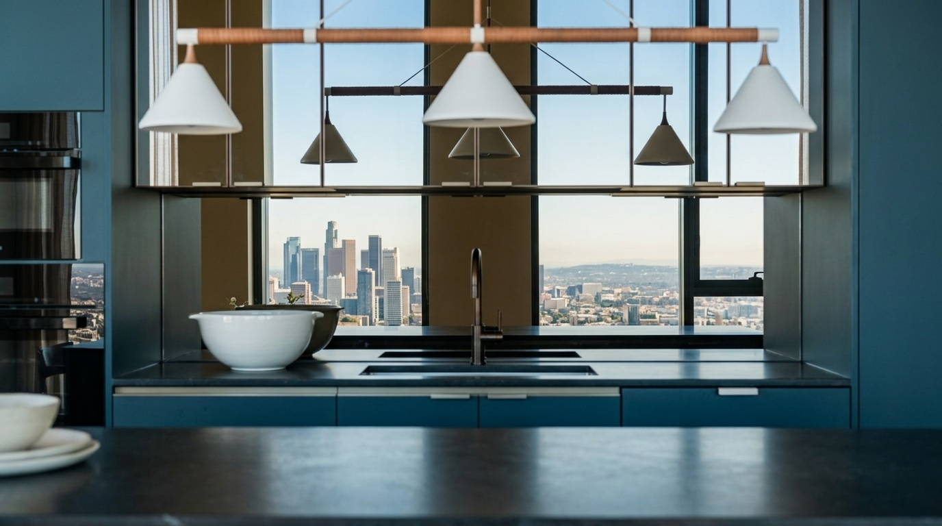 This sophisticated, modern kitchen features a sleek dark-toned island with leather-upholstered bar stools and a contrasting wood-paneled base. The cabinetry is a mix of matte dark grey and white, complemented by integrated appliances and a mirrored backsplash that reflects the city view. The open-concept layout flows seamlessly into a dining area, creating a bright, airy, and high-end living space.