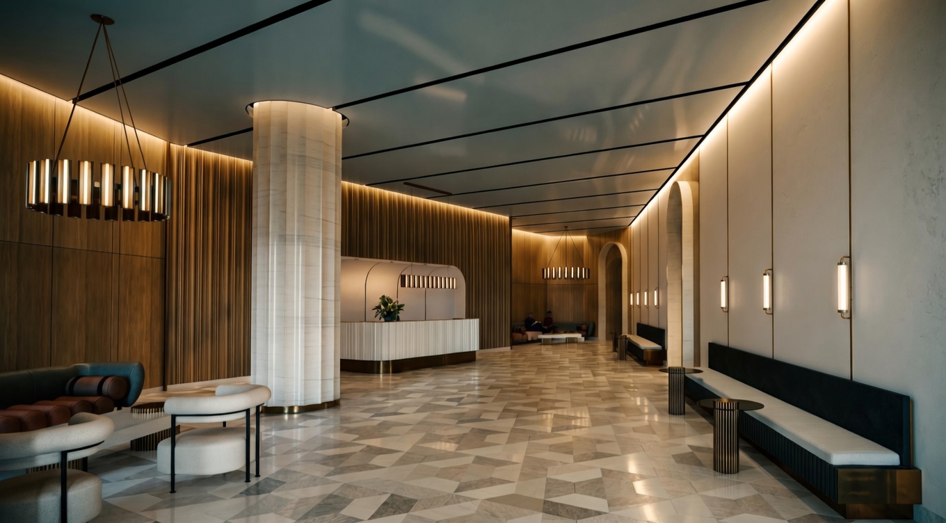 This sophisticated lobby features a high-end, contemporary design with a grand marble-clad pillar, warm wood-paneled walls, and a geometric patterned stone floor. The space includes a sleek reception desk, plush seating areas, and elegant linear lighting, creating a luxurious and welcoming atmosphere for residents or guests. The wide-angle perspective emphasizes the expansive, open-plan layout and the refined architectural details throughout the lobby.