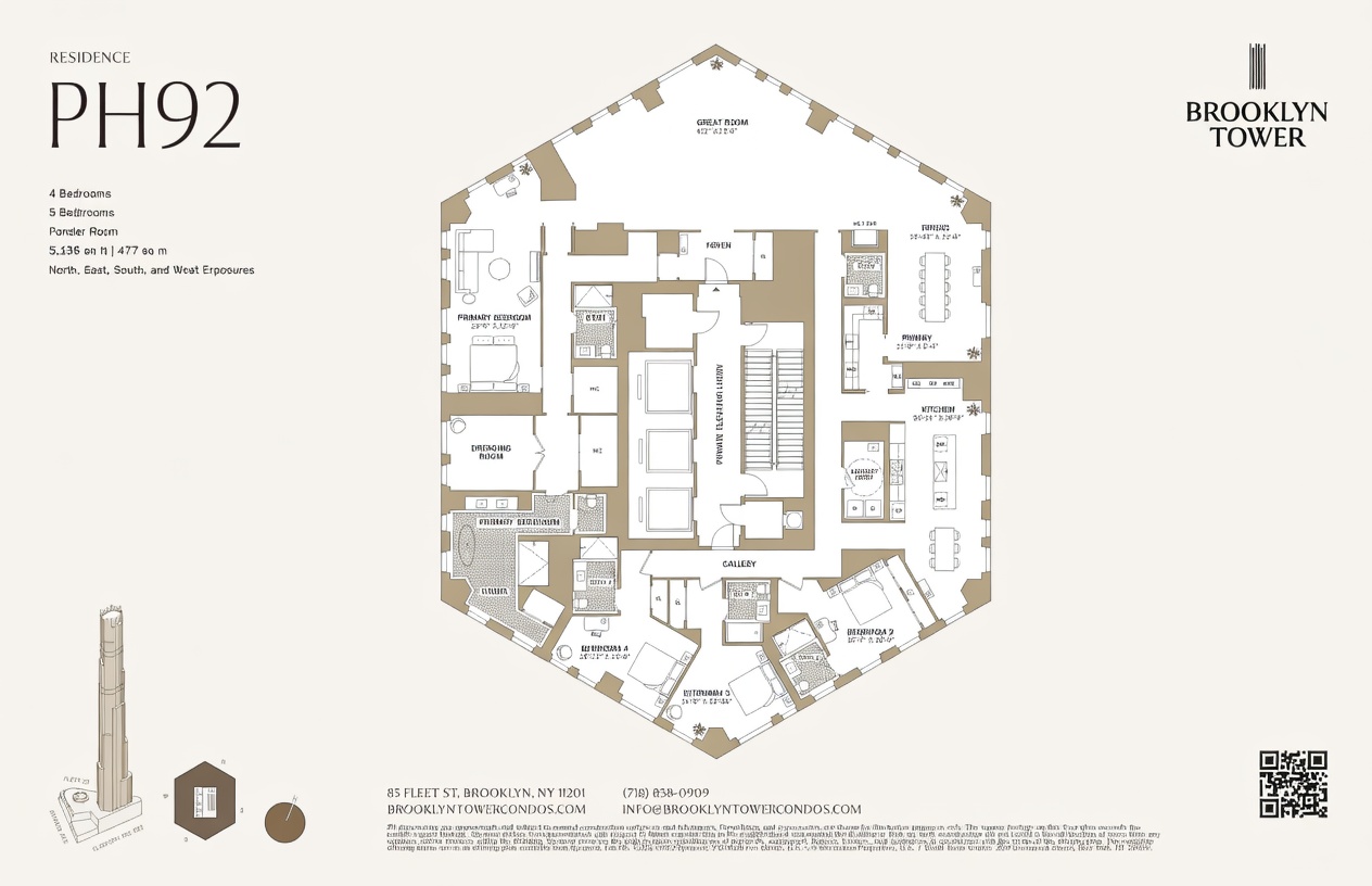 This image is a detailed architectural floor plan for a luxury penthouse residence, PH92, at the Brooklyn Tower. The layout features a spacious great room, four bedrooms, five bathrooms, a private elevator lobby, and a dedicated sauna, all arranged in a unique, angular footprint. The schematic provides a comprehensive overview of the unit's expansive 5,136 square foot layout, highlighting the flow between living, dining, and private quarters.