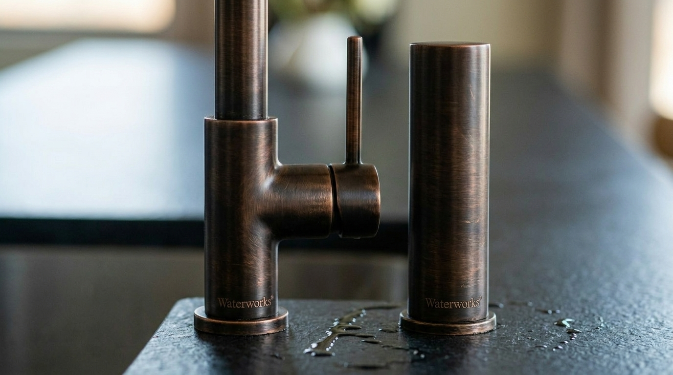 This image features a high-end, oiled bronze kitchen faucet and matching side accessory from Waterworks, characterized by a sleek, minimalist design. The rich, dark metal finish contrasts against the textured, dark stone countertop, which displays scattered water droplets. It conveys a sophisticated, luxury aesthetic suitable for high-end kitchen installations.