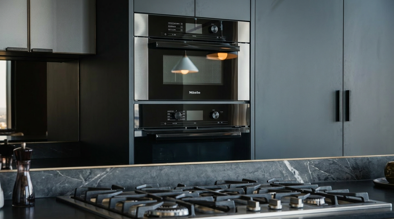 This sophisticated, modern kitchen features a sleek dark-toned island with leather-upholstered bar stools and a contrasting wood-paneled base. The cabinetry is a mix of matte dark grey and white, complemented by integrated appliances and a mirrored backsplash that reflects the city view. The open-concept layout flows seamlessly into a dining area, creating a bright, airy, and high-end living space.