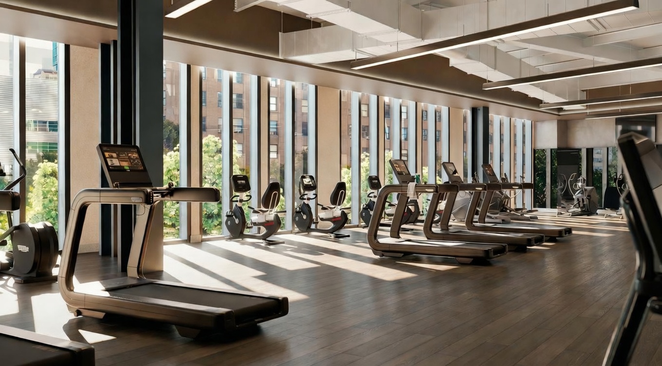 This modern, high-end fitness center features a row of professional-grade treadmills and stationary bikes arranged neatly along floor-to-ceiling windows. The space is characterized by sleek, dark wood flooring, industrial-style exposed ceiling beams, and multiple 'Life Time' branded screens, creating a sophisticated and professional workout environment. The perspective is a wide-angle shot from the gym floor, emphasizing the spacious layout and the abundance of natural light streaming in from the exterior.